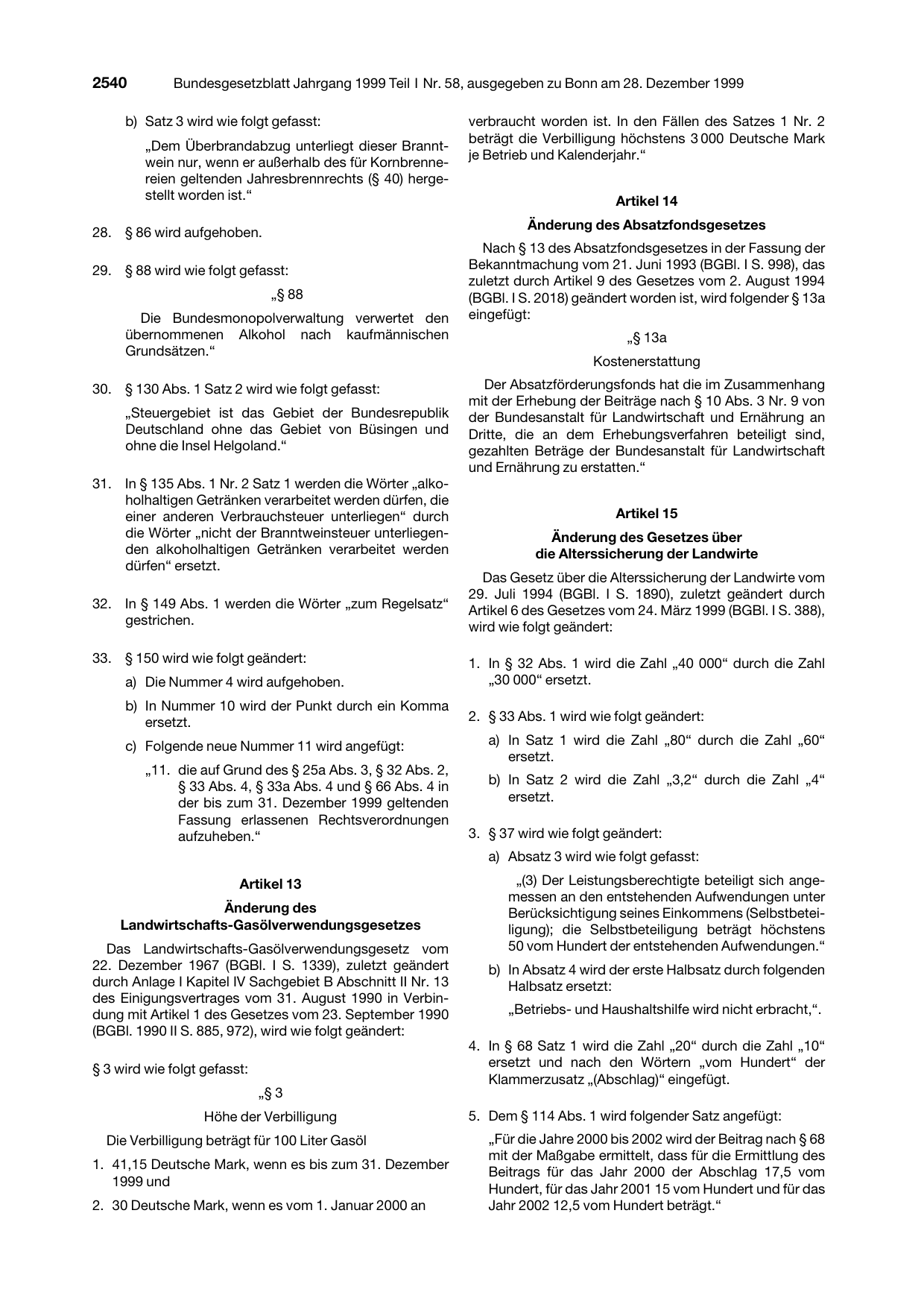 BGBl. 1999, Seite 2540 — Originalseite als Abbildung