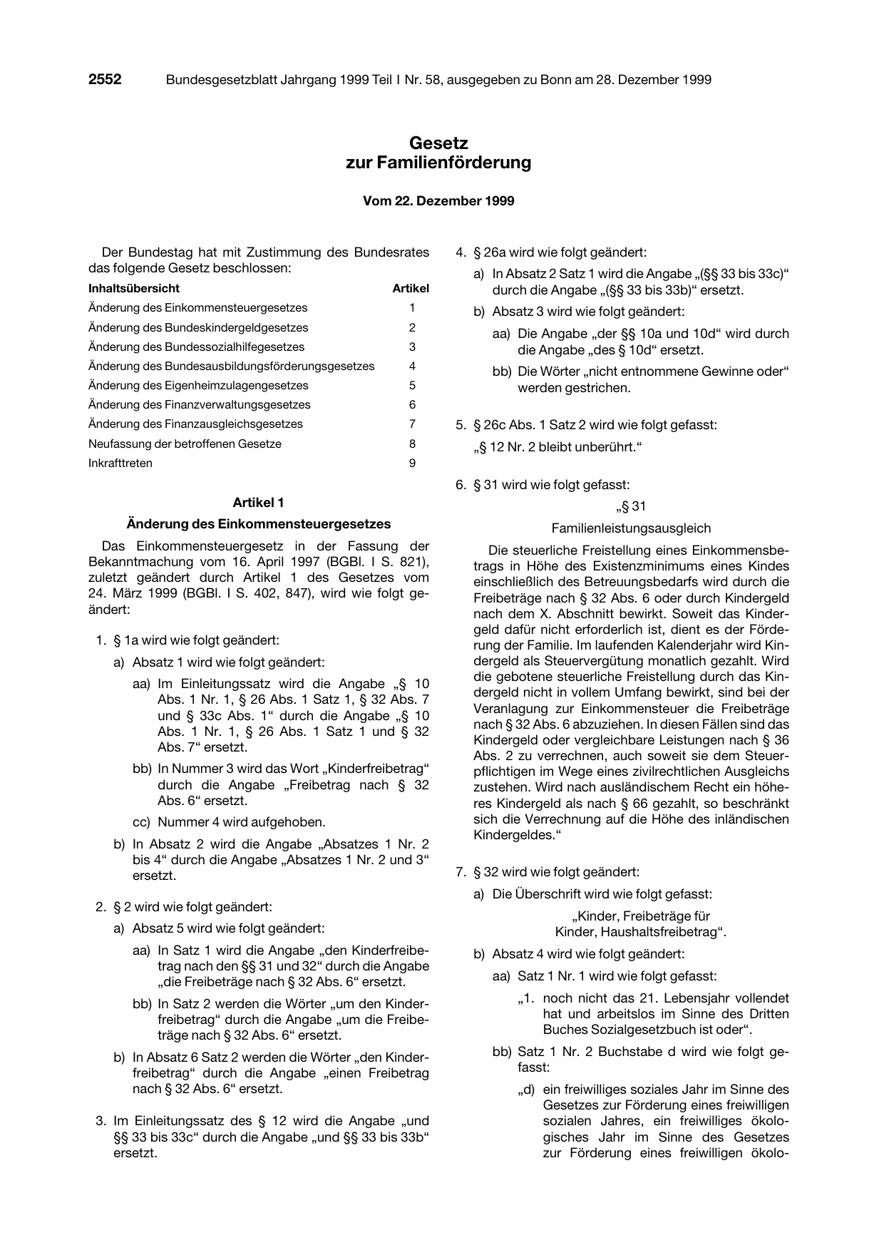 BGBl. 1999, Seite 2552 — Originalseite als Abbildung