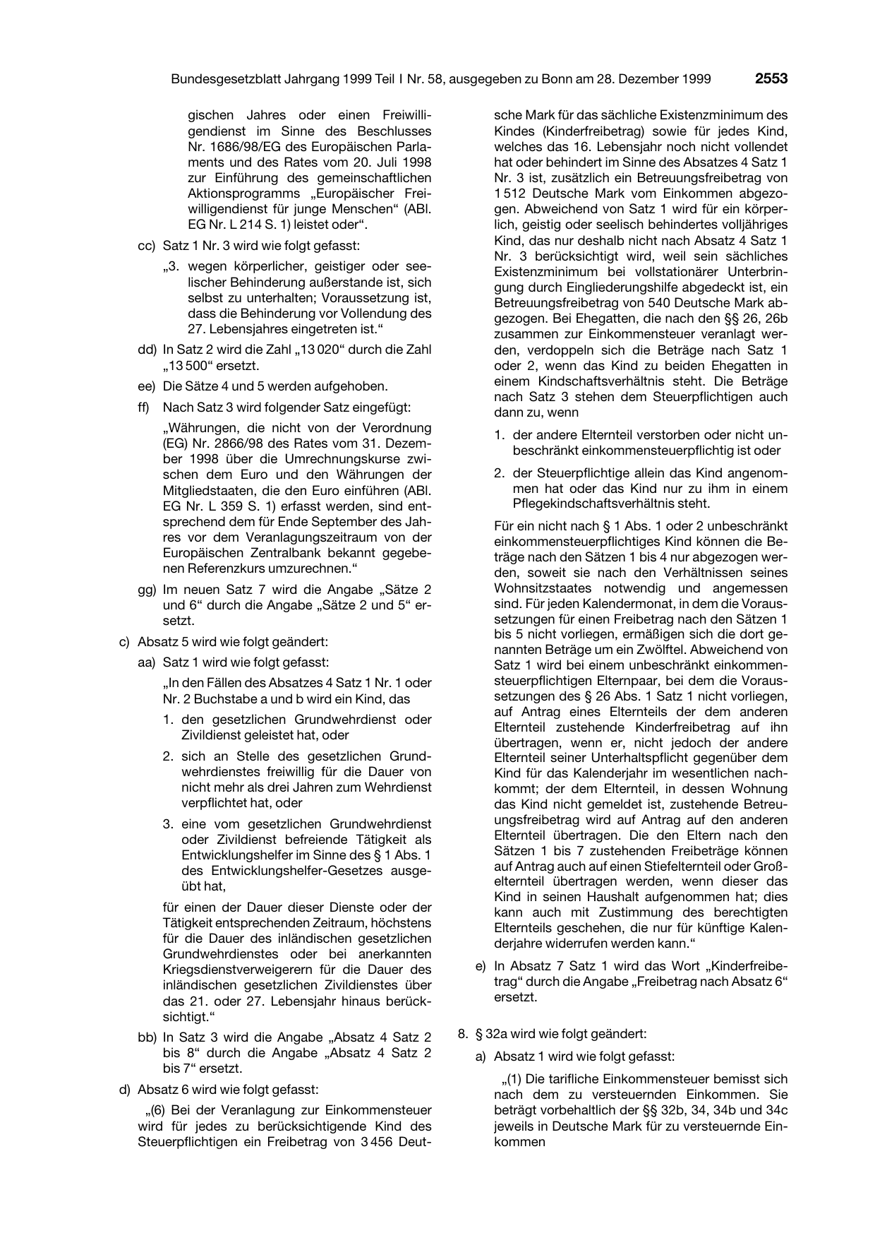 BGBl. 1999, Seite 2553 — Originalseite als Abbildung