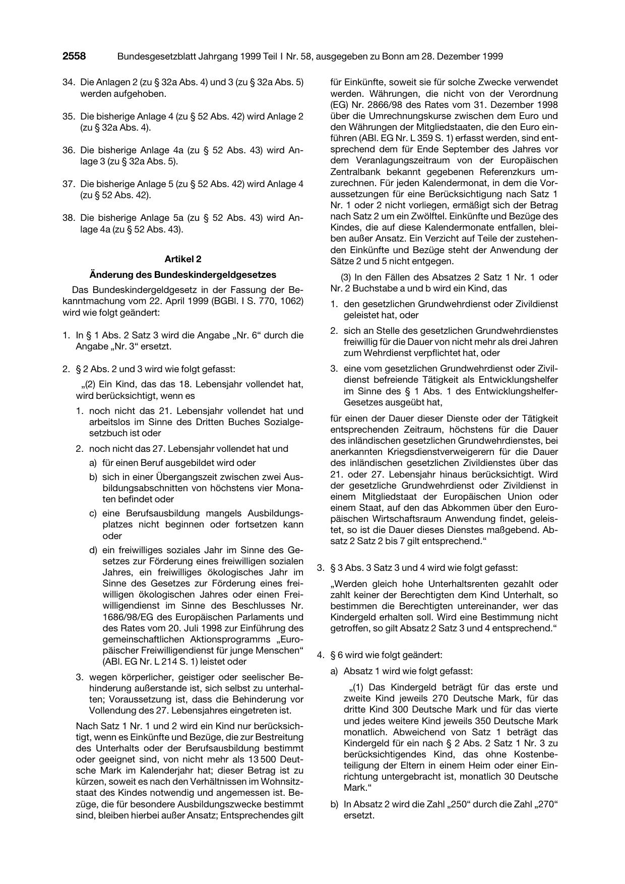 BGBl. 1999, Seite 2558 — Originalseite als Abbildung