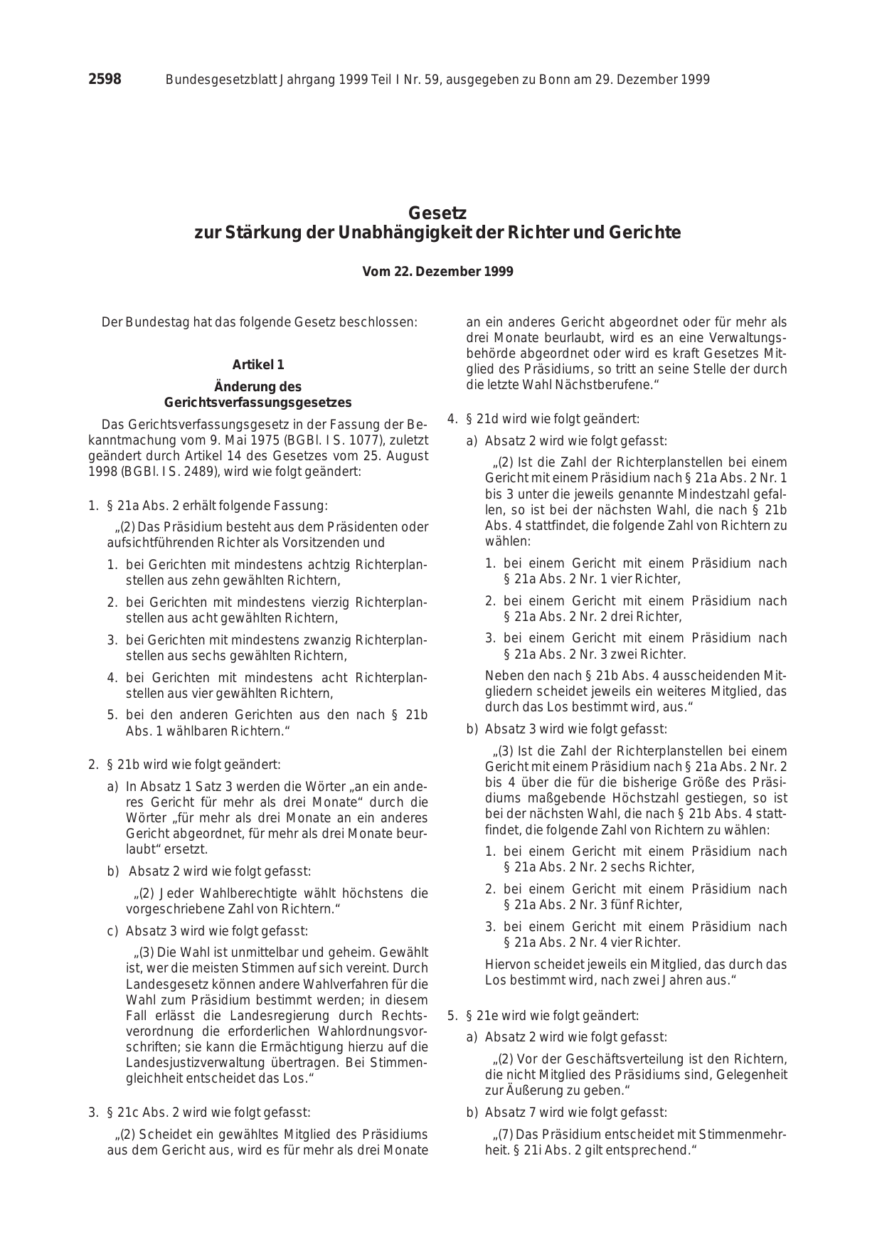 BGBl. 1999, Seite 2598 — Originalseite als Abbildung