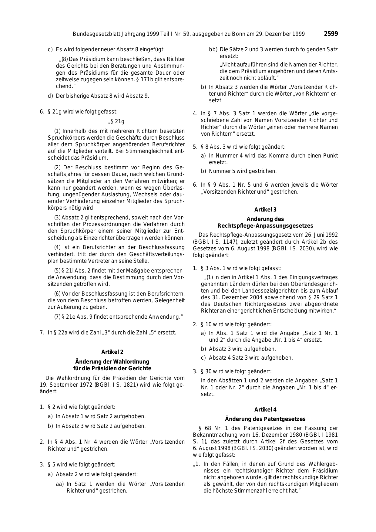 BGBl. 1999, Seite 2599 — Originalseite als Abbildung