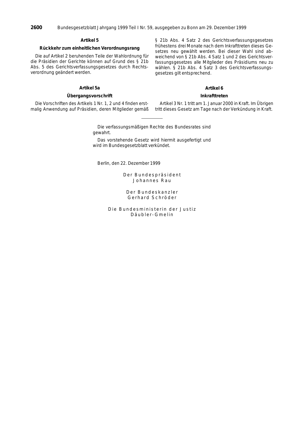 BGBl. 1999, Seite 2600 — Originalseite als Abbildung