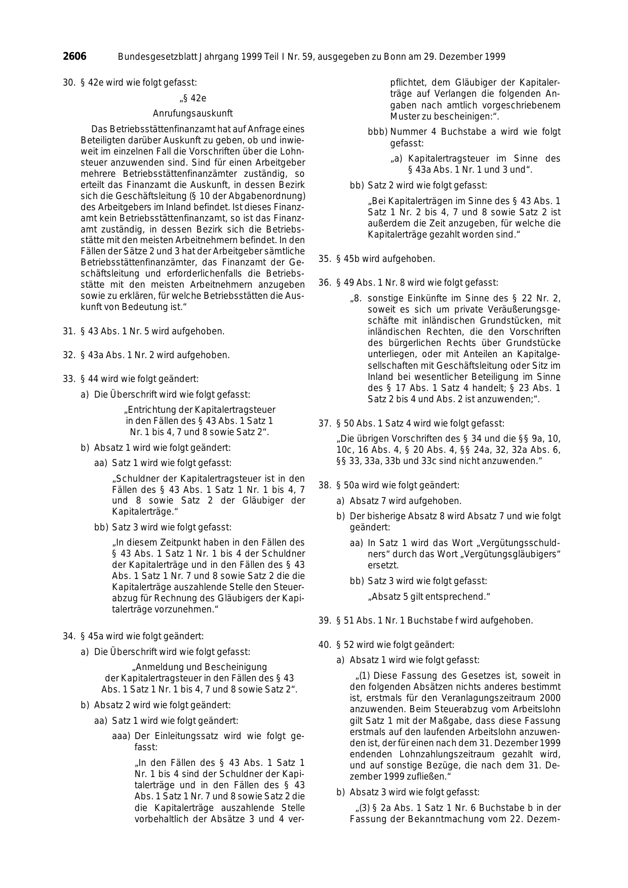 BGBl. 1999, Seite 2606 — Originalseite als Abbildung