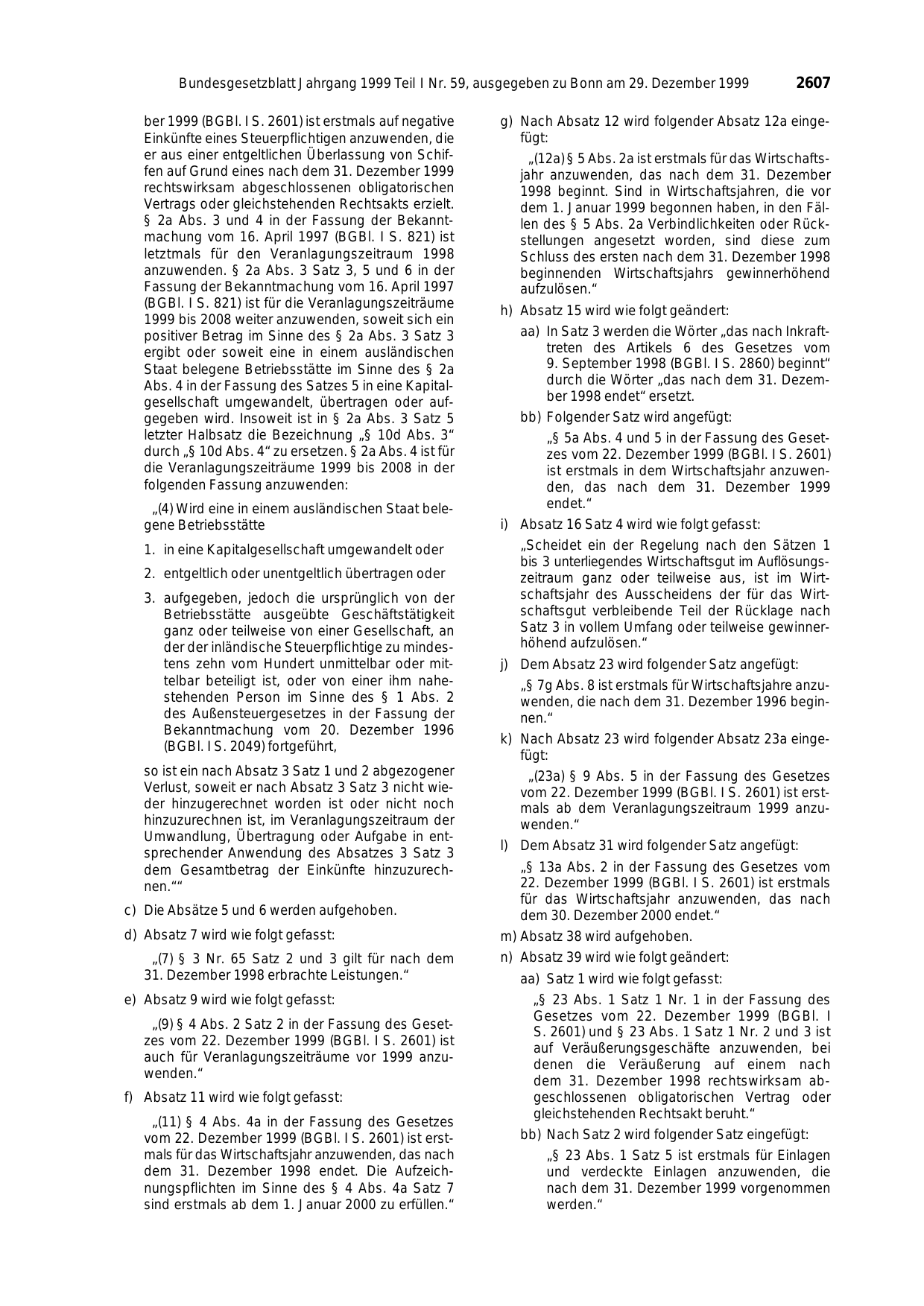 BGBl. 1999, Seite 2607 — Originalseite als Abbildung