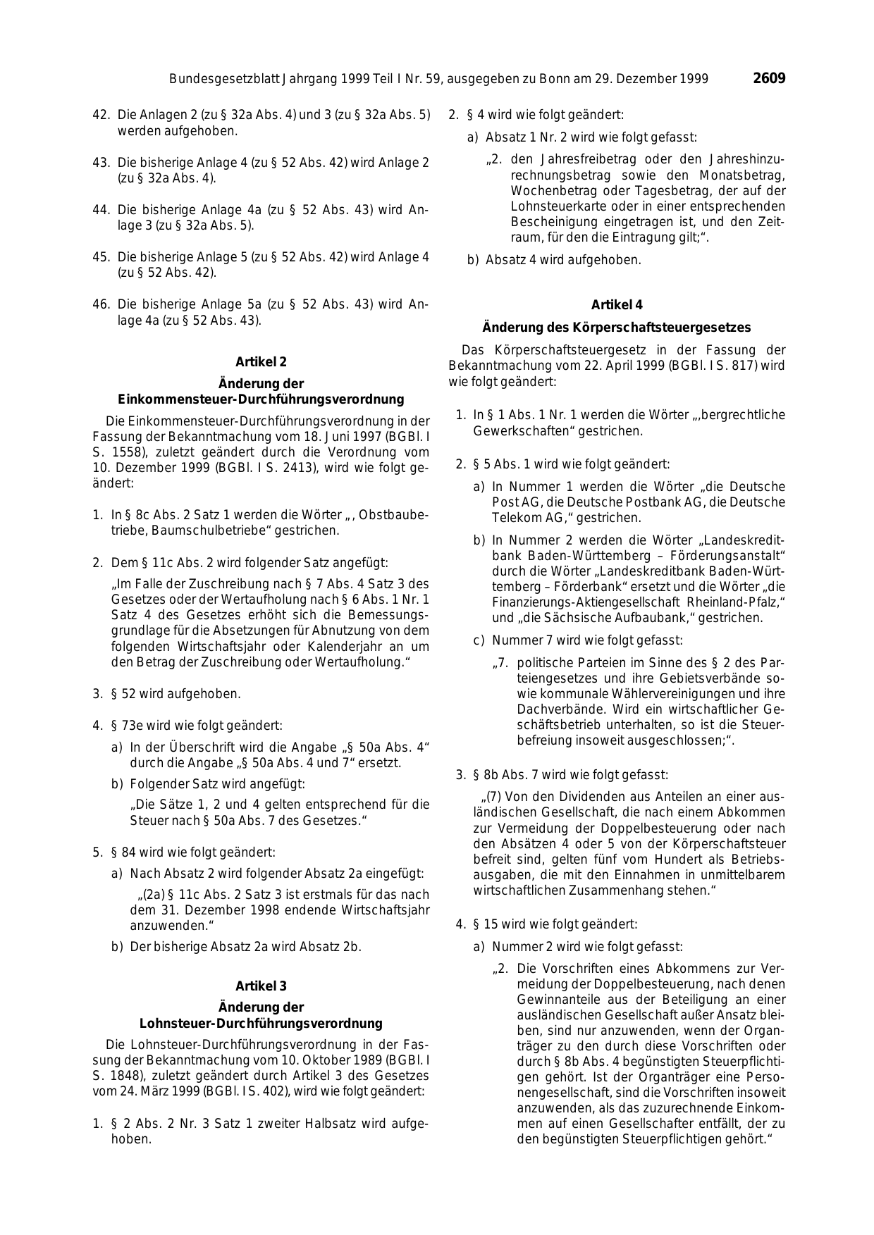 BGBl. 1999, Seite 2609 — Originalseite als Abbildung