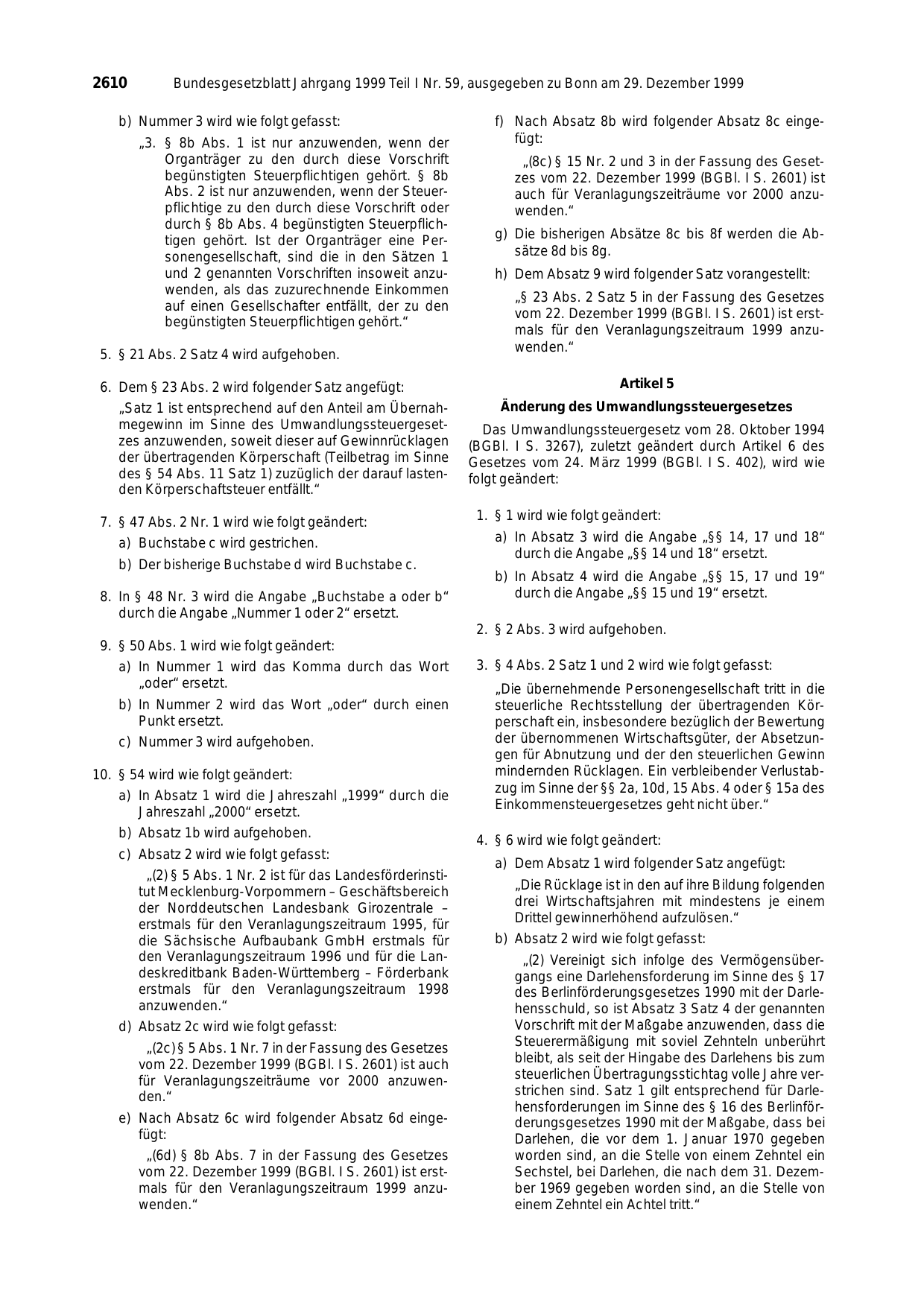 BGBl. 1999, Seite 2610 — Originalseite als Abbildung