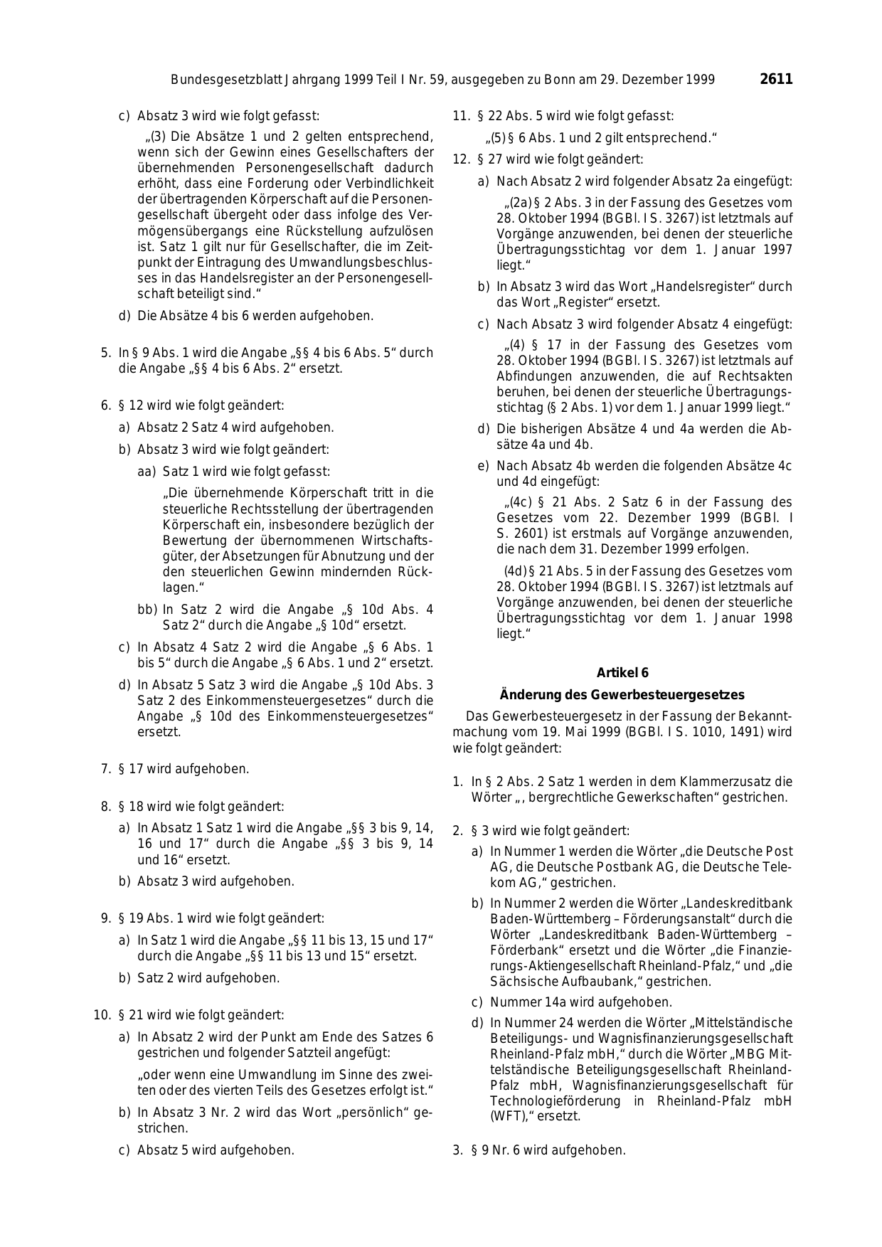 BGBl. 1999, Seite 2611 — Originalseite als Abbildung