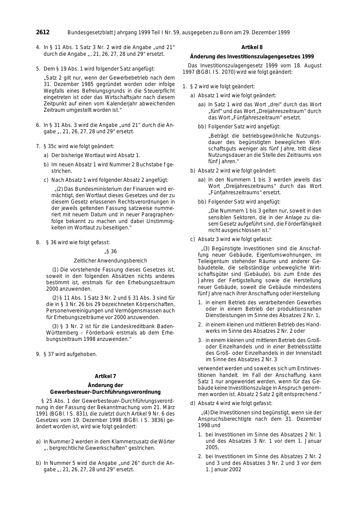 BGBl. 1999, Seite 2612 — Originalseite als Abbildung