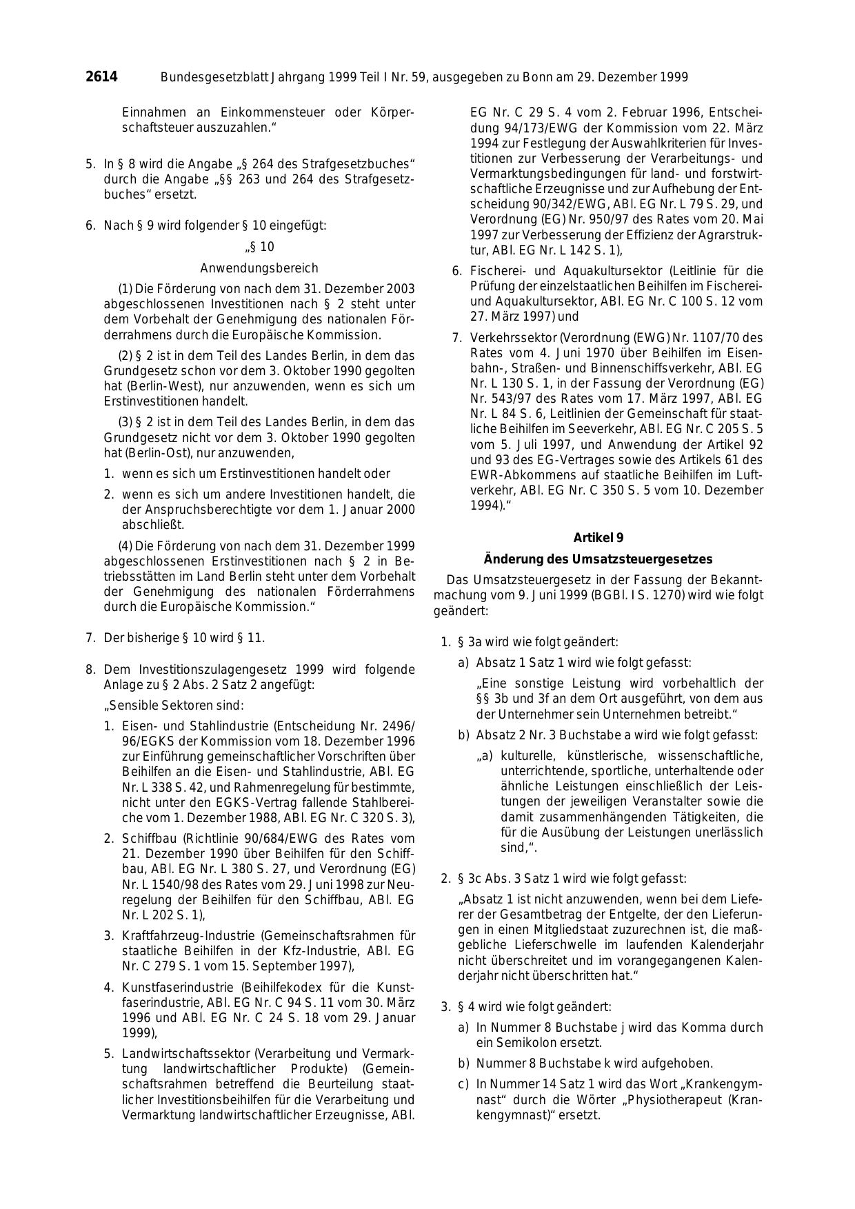 BGBl. 1999, Seite 2614 — Originalseite als Abbildung