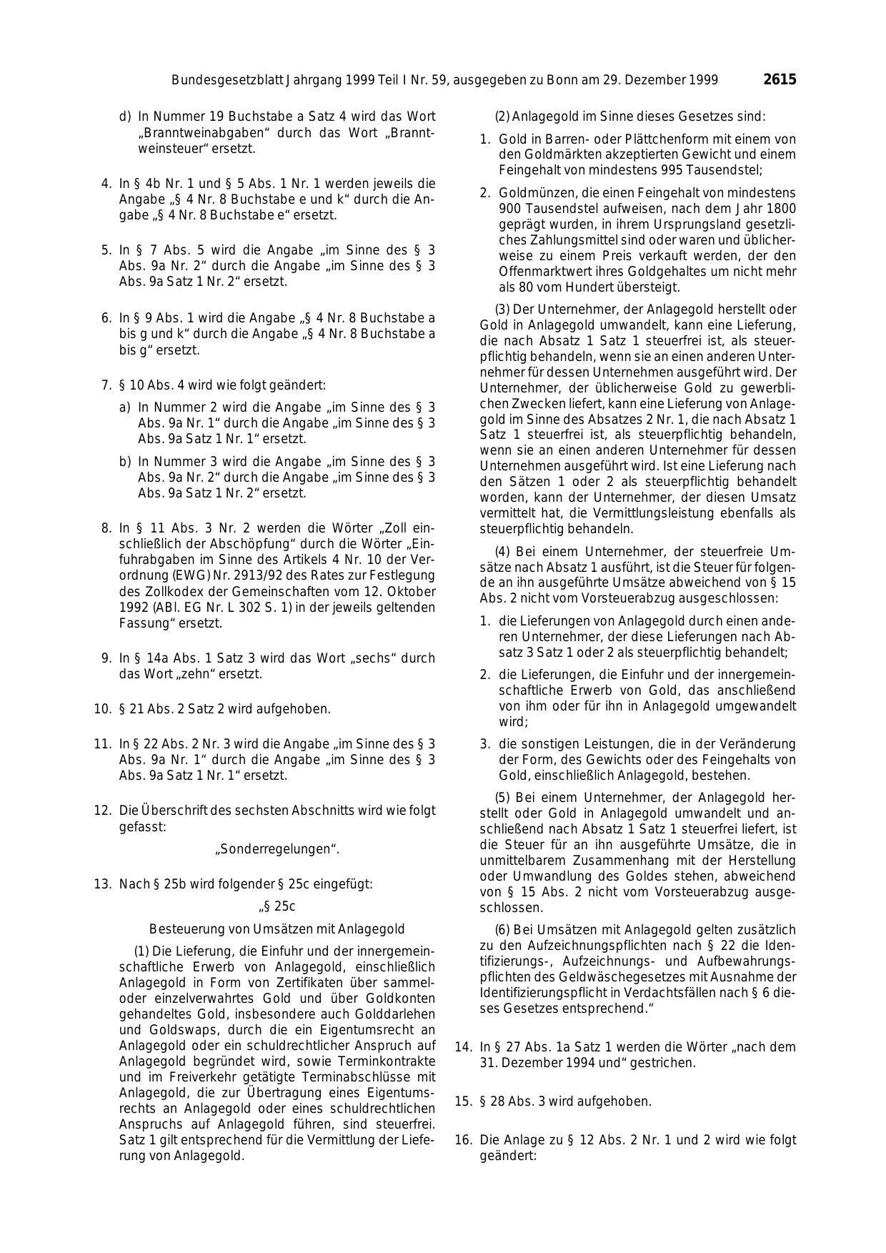 BGBl. 1999, Seite 2615 — Originalseite als Abbildung
