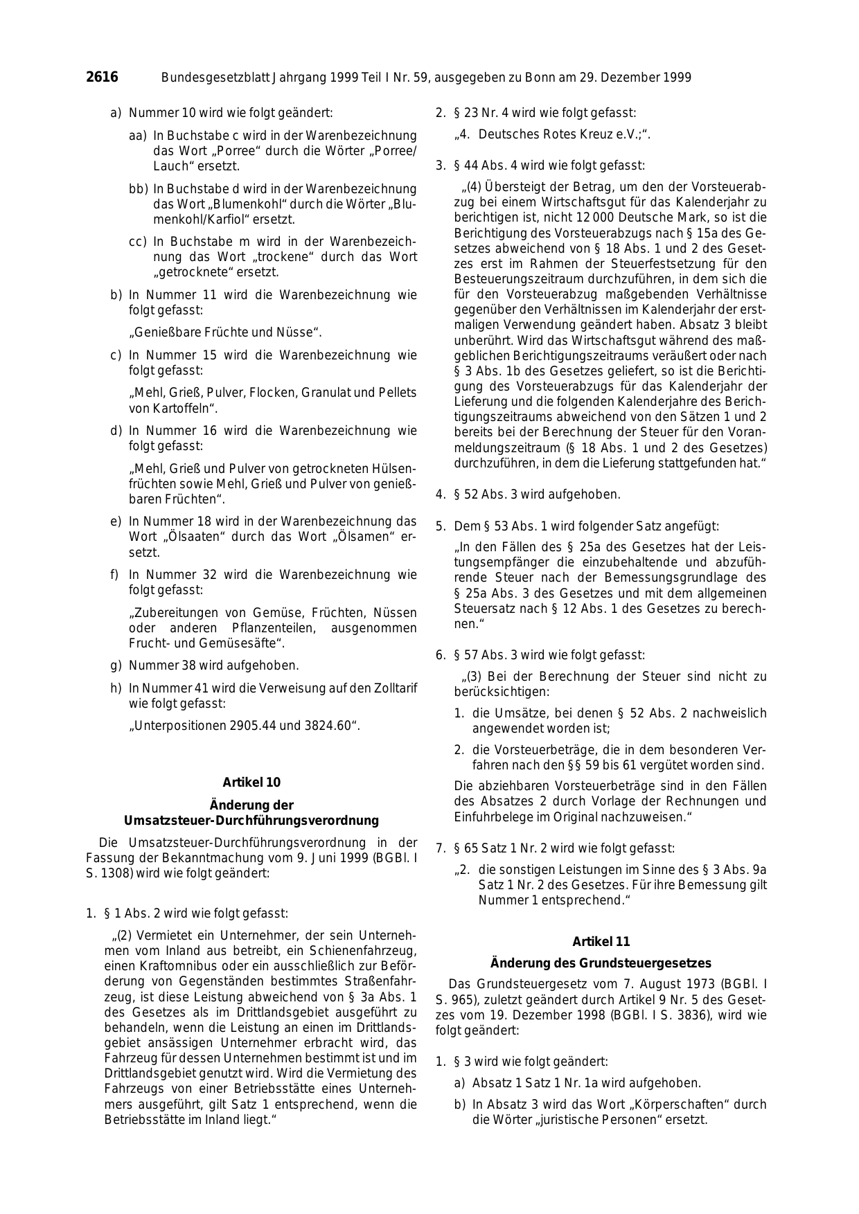 BGBl. 1999, Seite 2616 — Originalseite als Abbildung