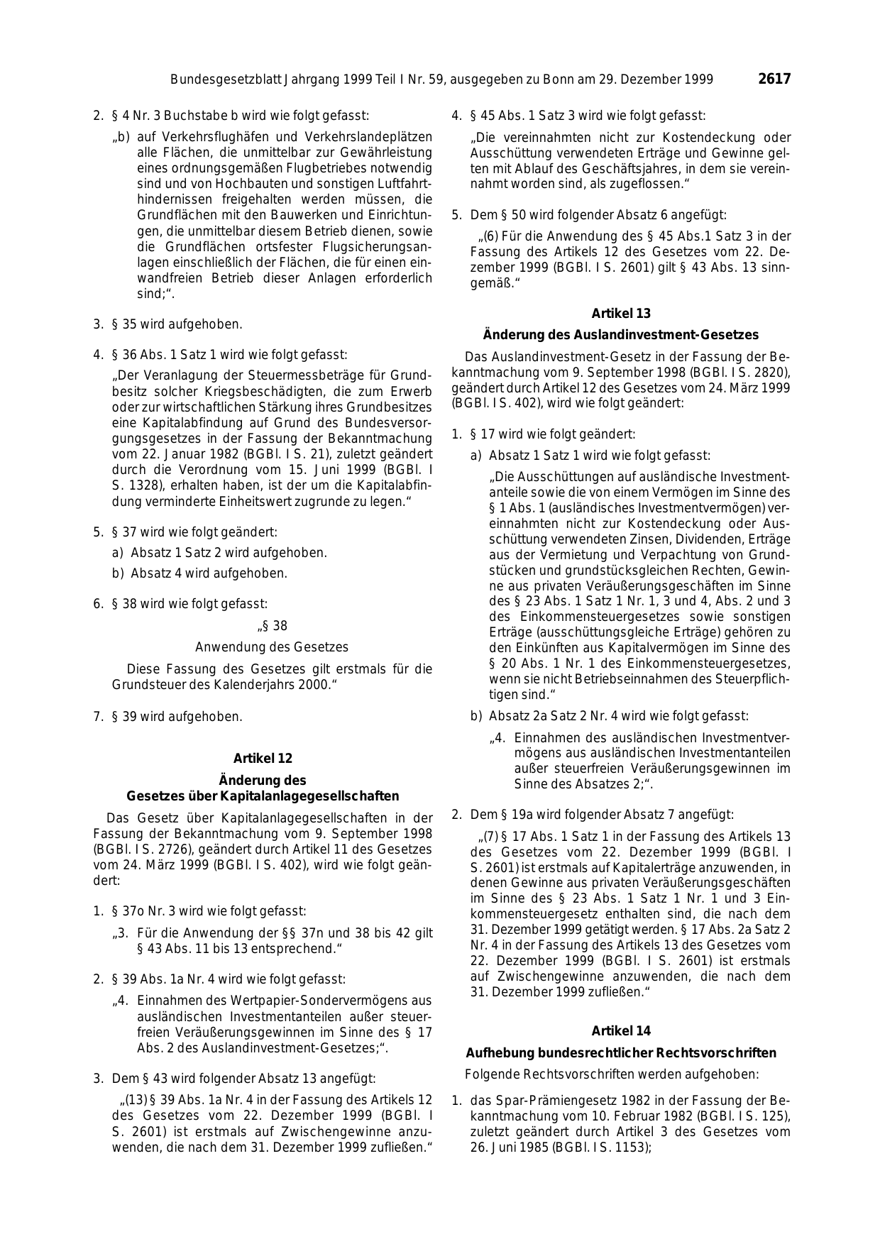 BGBl. 1999, Seite 2617 — Originalseite als Abbildung
