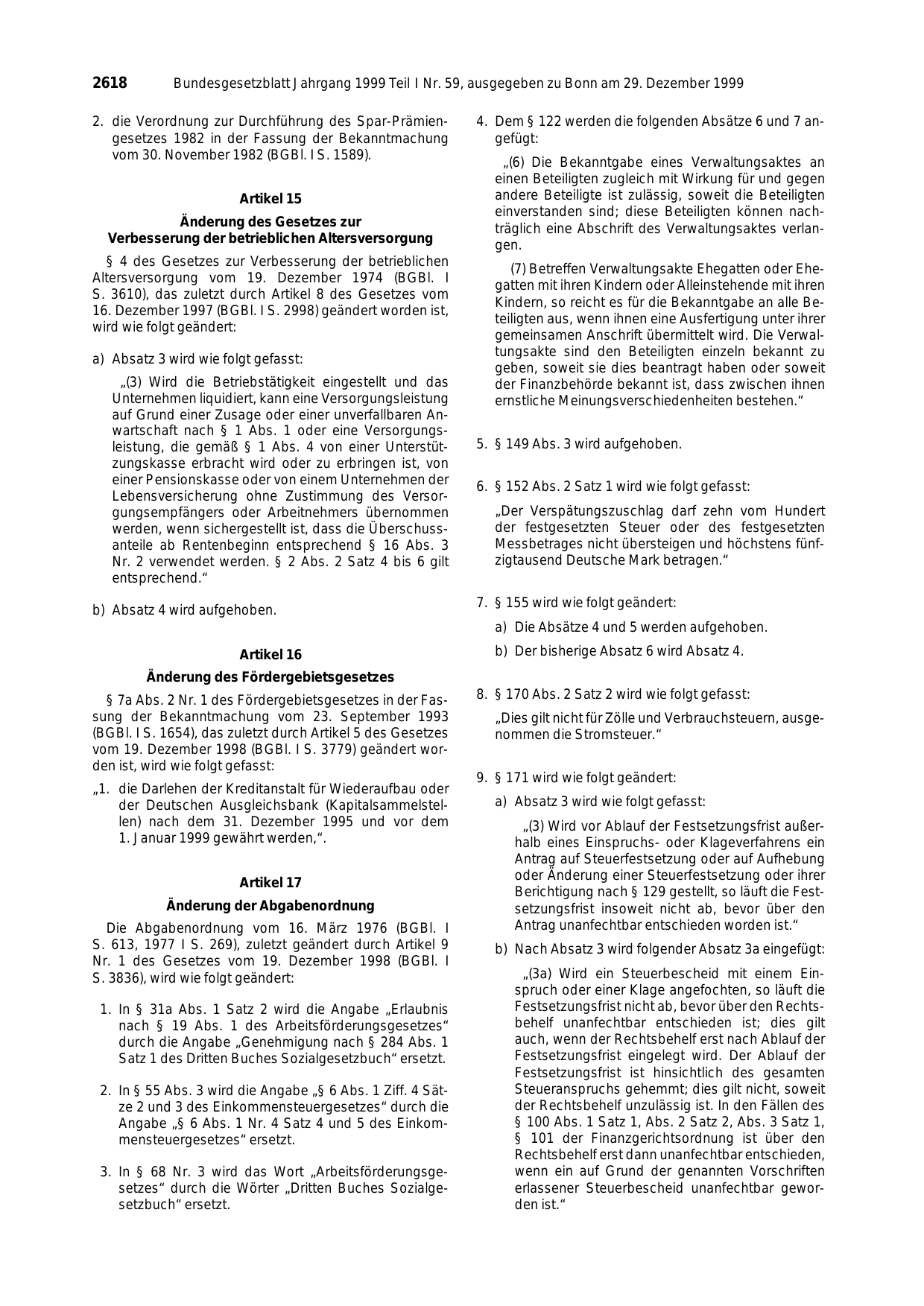 BGBl. 1999, Seite 2618 — Originalseite als Abbildung