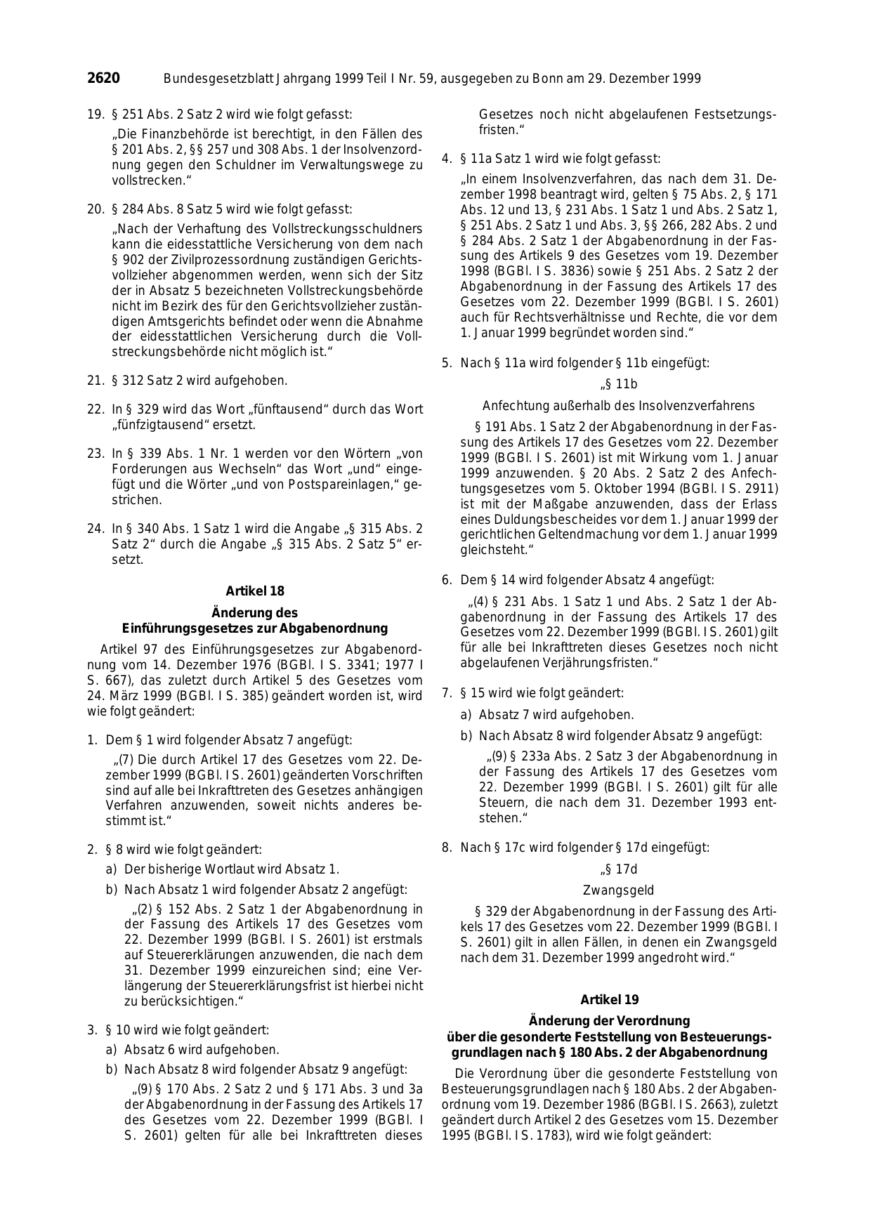 BGBl. 1999, Seite 2620 — Originalseite als Abbildung