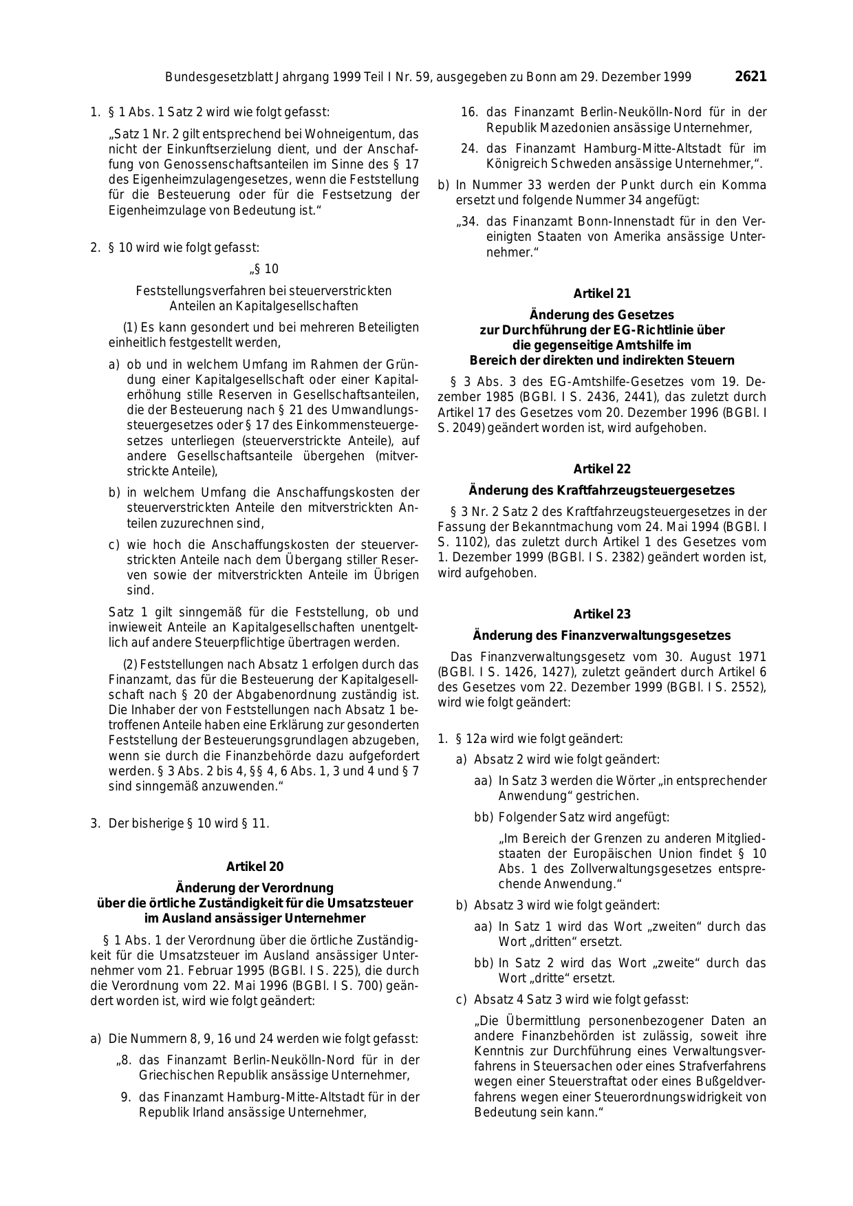 BGBl. 1999, Seite 2621 — Originalseite als Abbildung