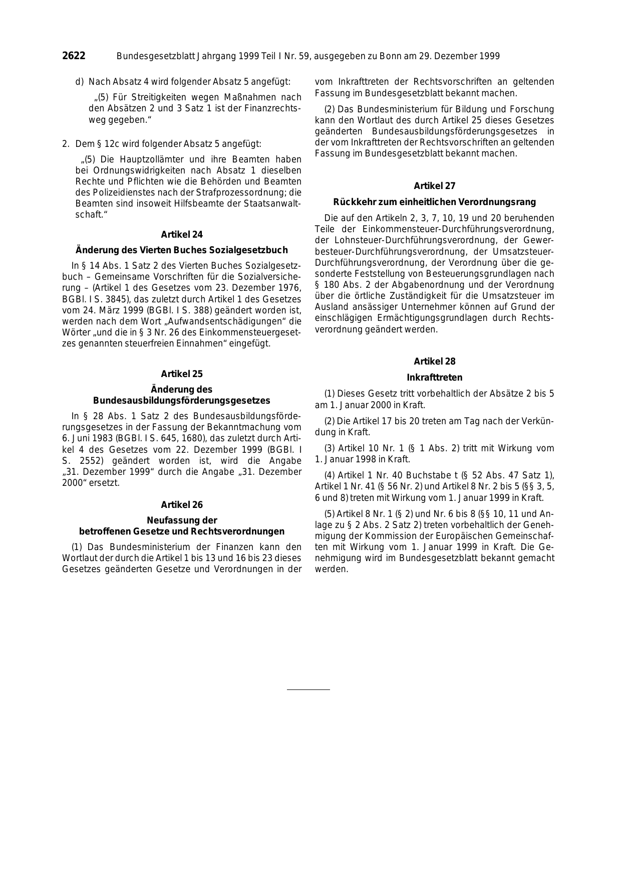 BGBl. 1999, Seite 2622 — Originalseite als Abbildung