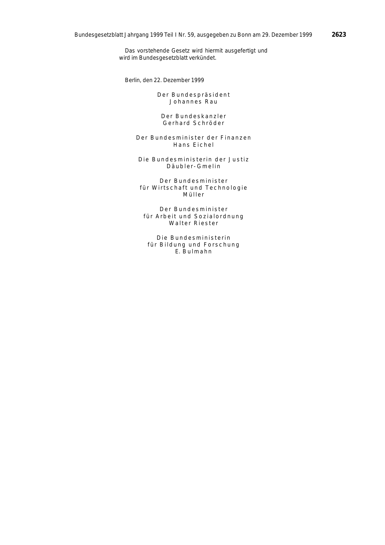 BGBl. 1999, Seite 2623 — Originalseite als Abbildung
