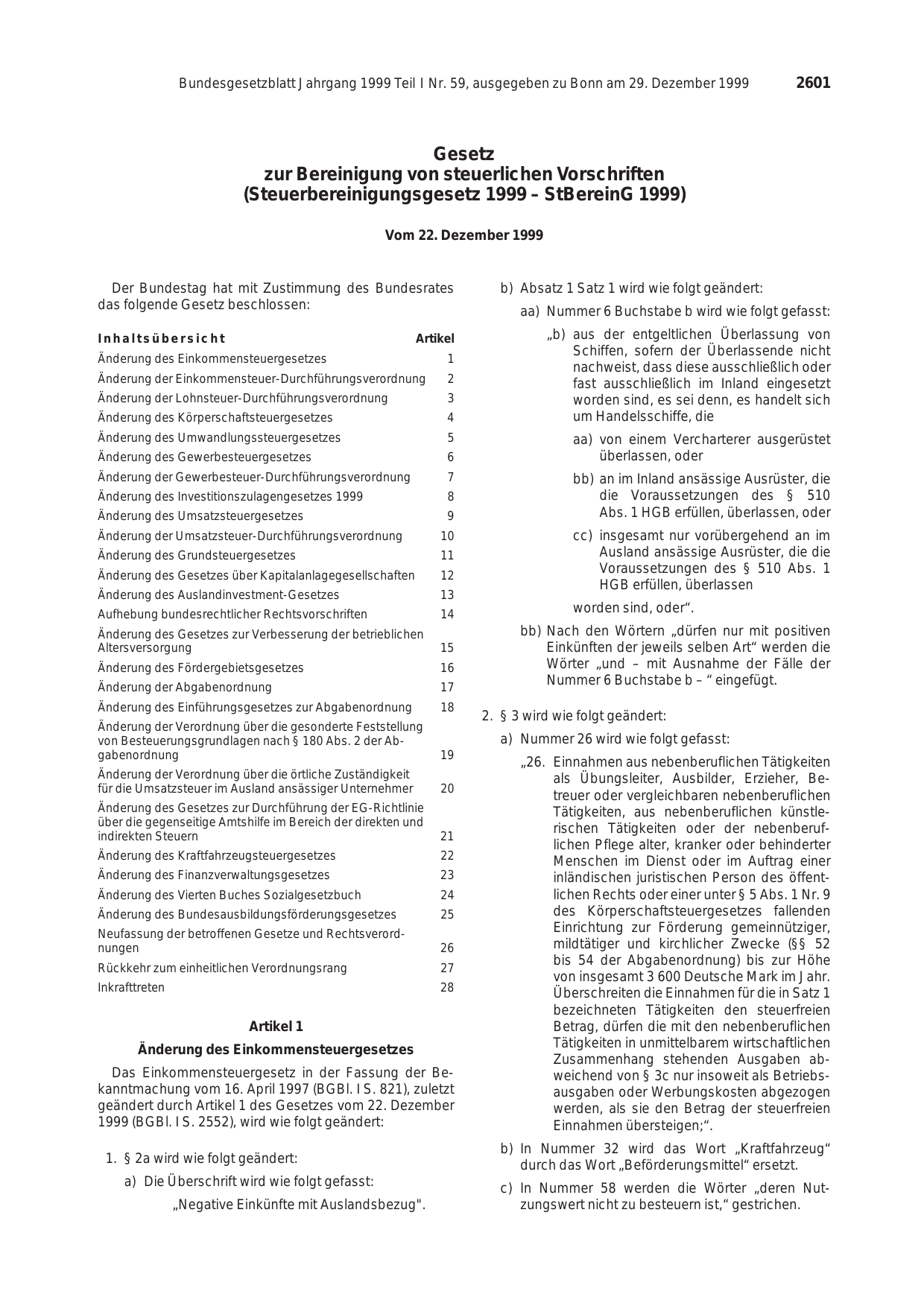 BGBl. 1999, Seite 2601 — Originalseite als Abbildung