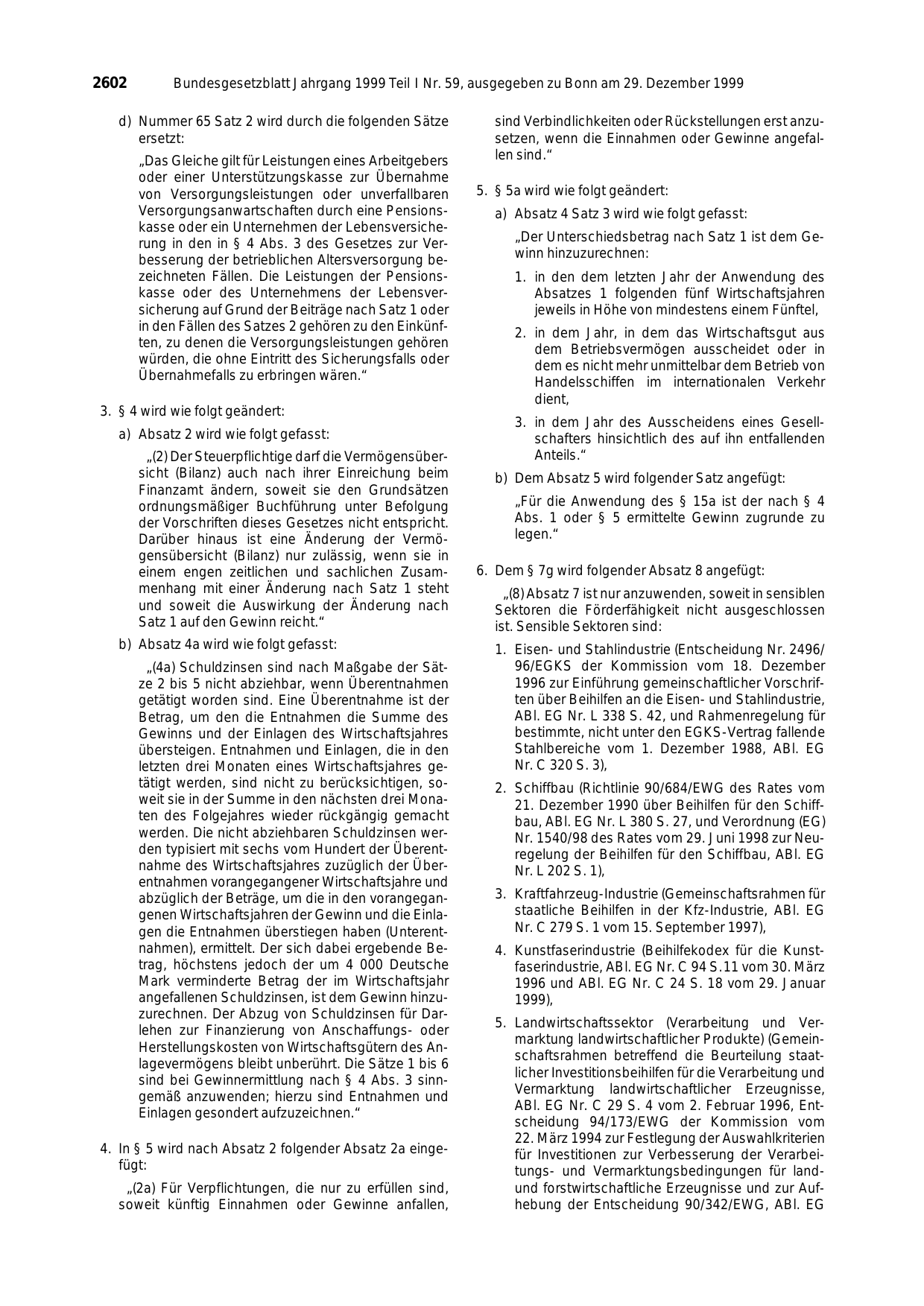 BGBl. 1999, Seite 2602 — Originalseite als Abbildung