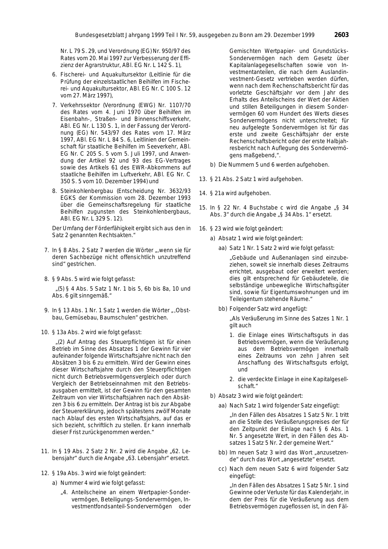 BGBl. 1999, Seite 2603 — Originalseite als Abbildung
