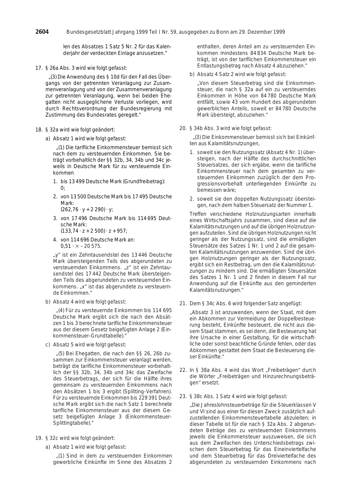 BGBl. 1999, Seite 2604 — Originalseite als Abbildung