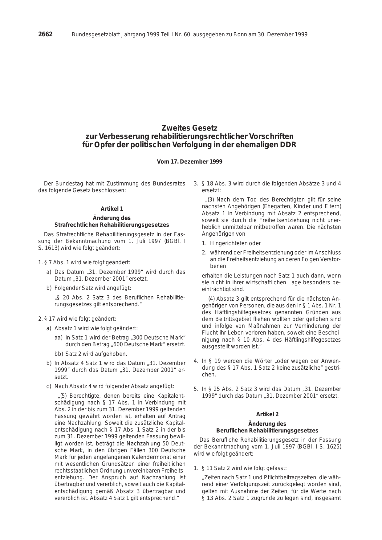 BGBl. 1999, Seite 2662 — Originalseite als Abbildung
