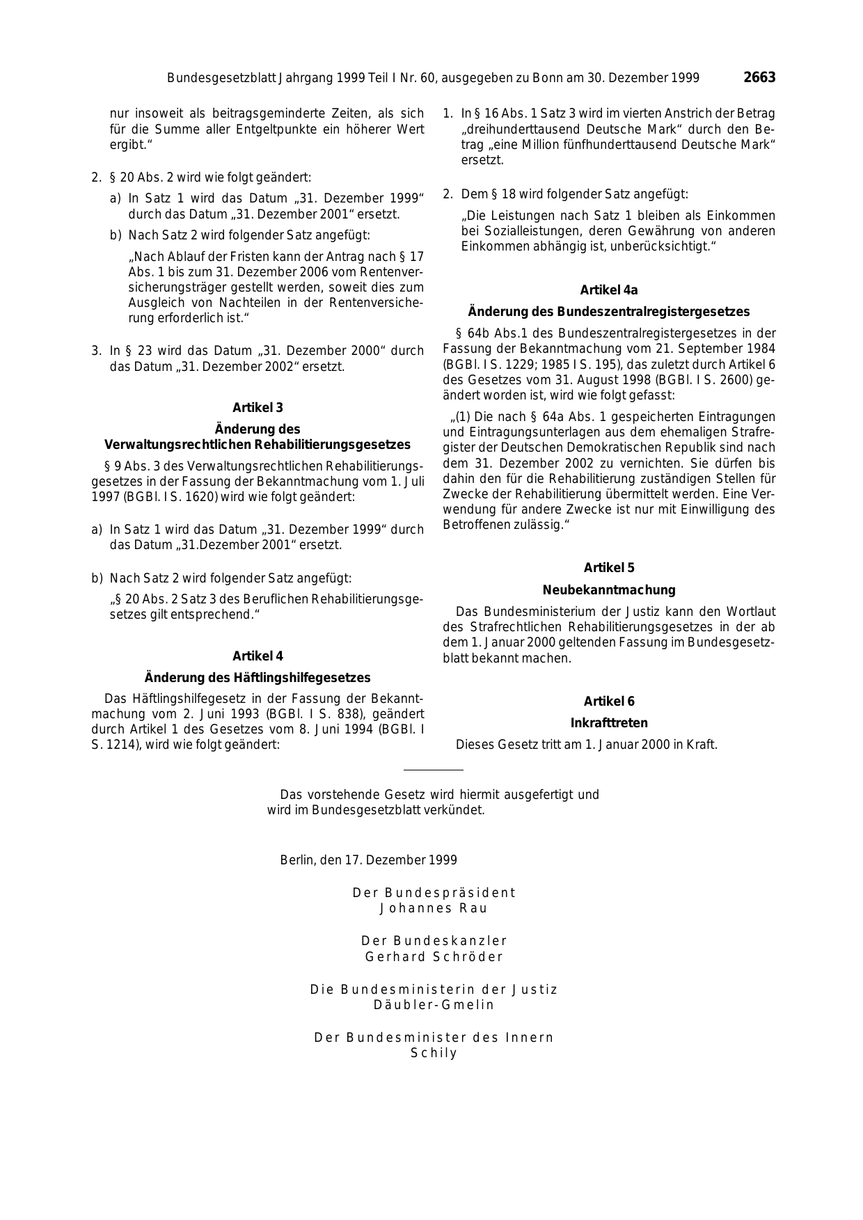 BGBl. 1999, Seite 2663 — Originalseite als Abbildung