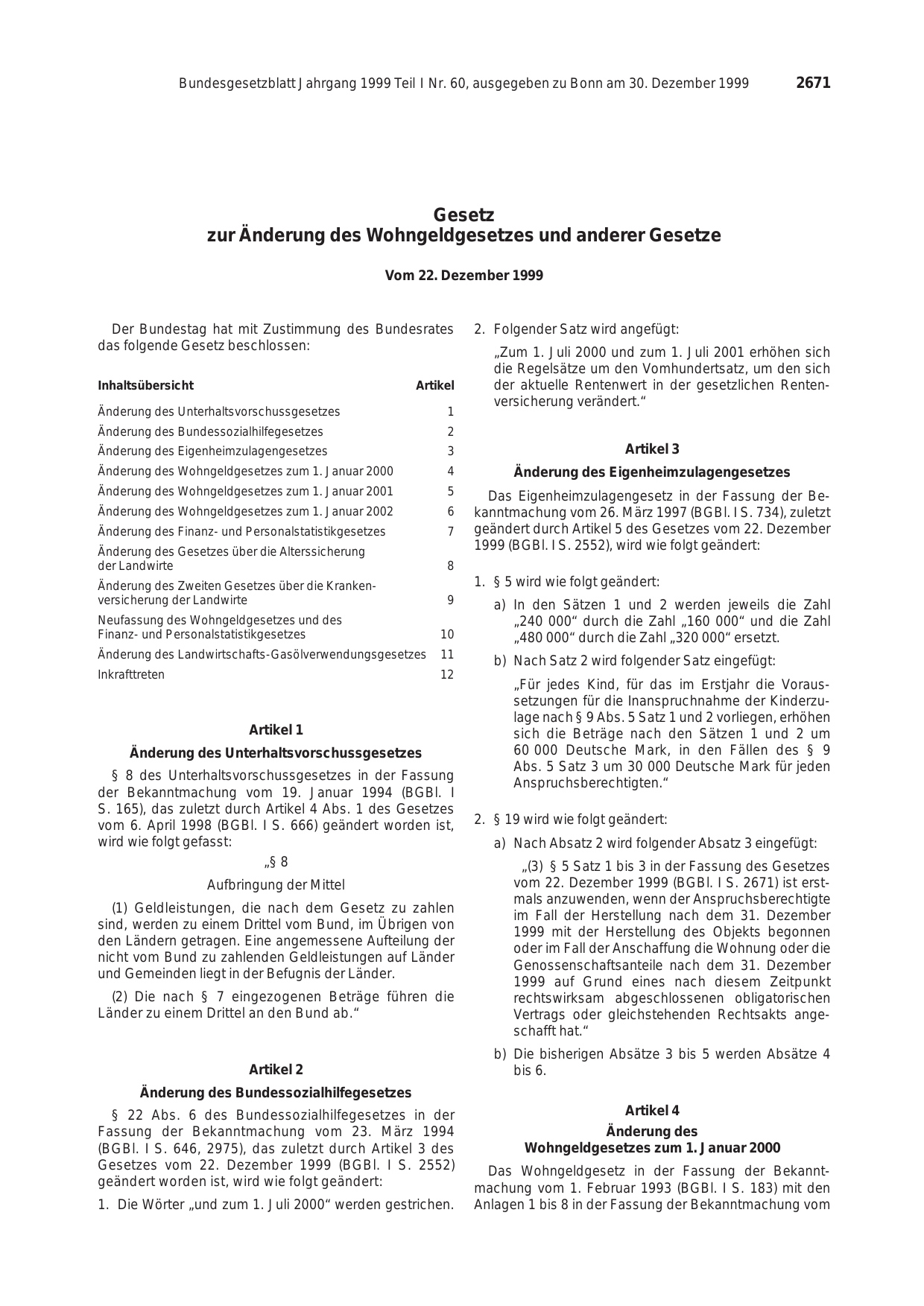 BGBl. 1999, Seite 2671 — Originalseite als Abbildung