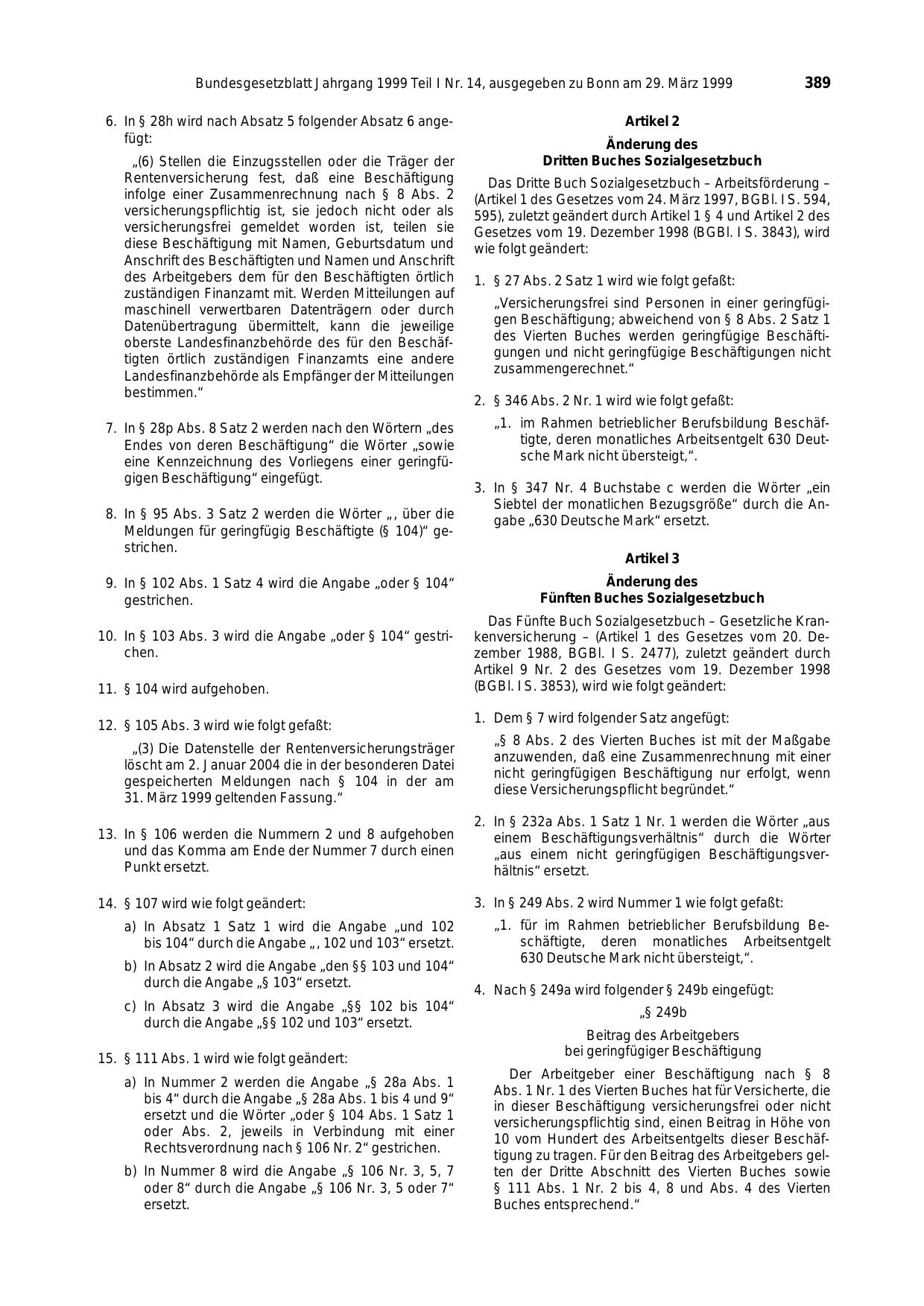 BGBl. 1999, Seite 389 — Originalseite als Abbildung