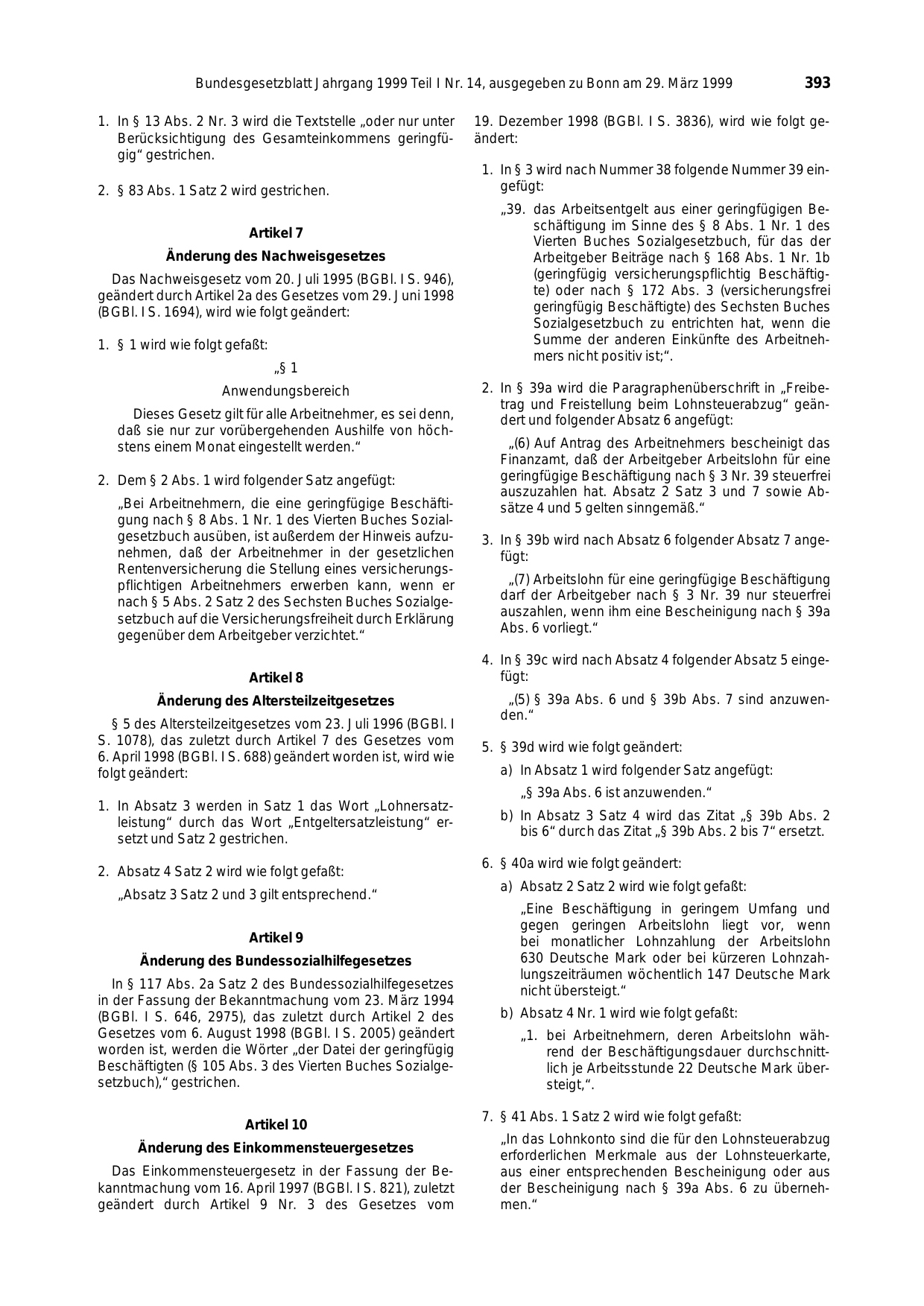 BGBl. 1999, Seite 393 — Originalseite als Abbildung
