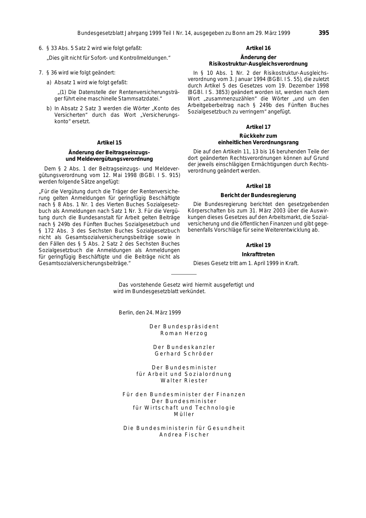BGBl. 1999, Seite 395 — Originalseite als Abbildung