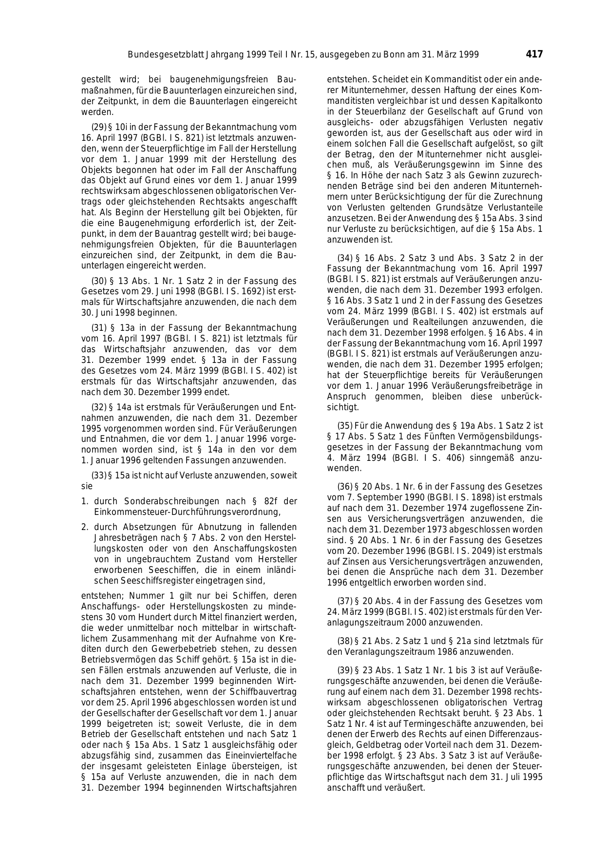BGBl. 1999, Seite 417 — Originalseite als Abbildung