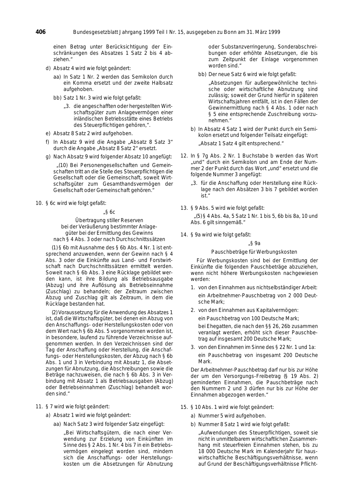 BGBl. 1999, Seite 406 — Originalseite als Abbildung