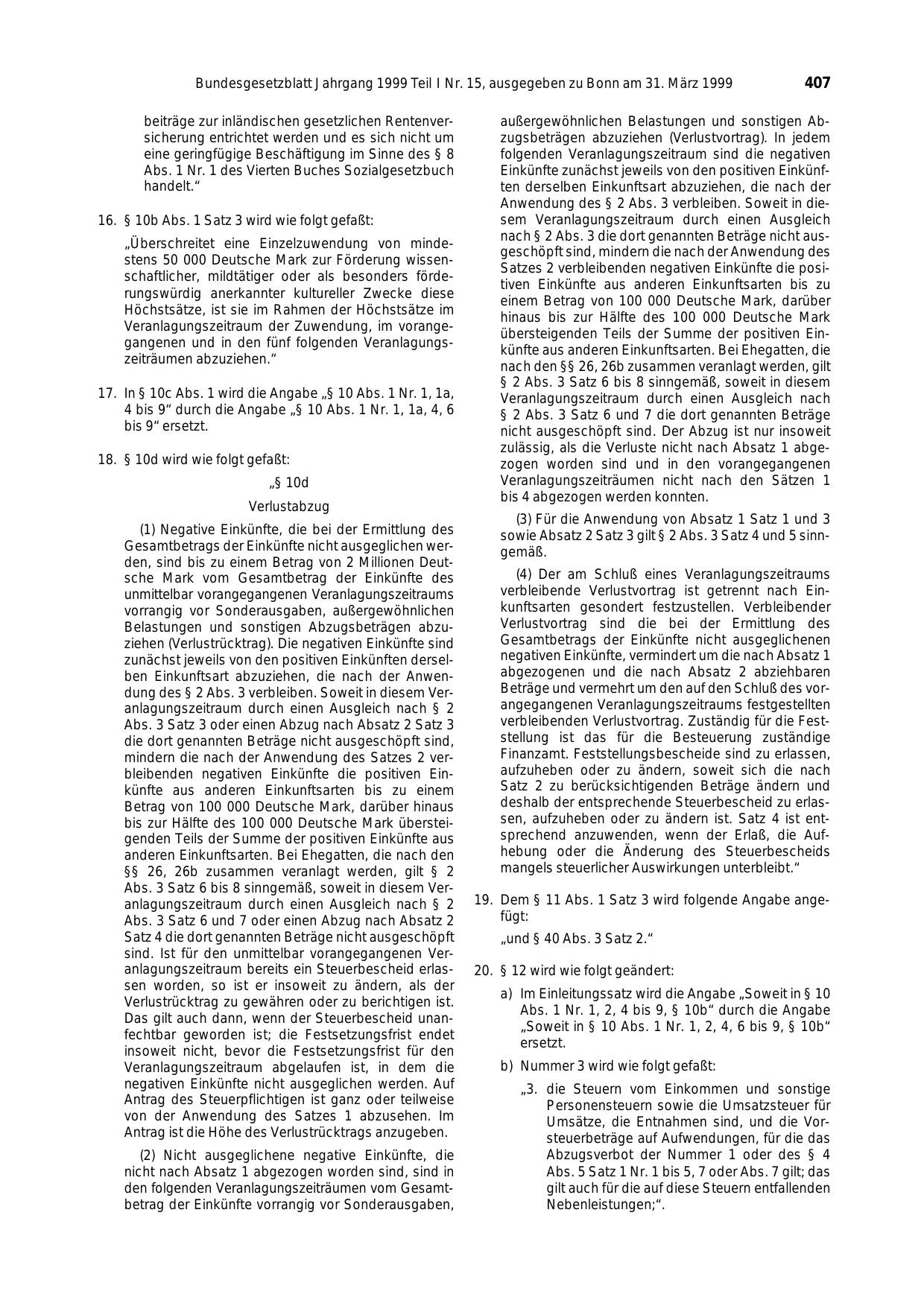 BGBl. 1999, Seite 407 — Originalseite als Abbildung