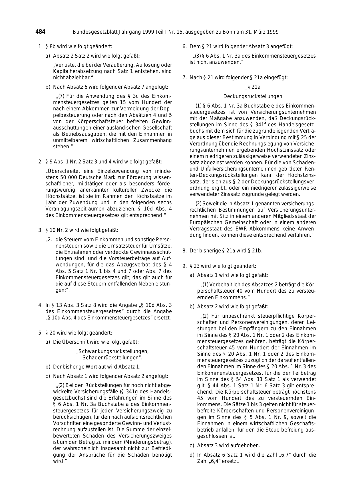 BGBl. 1999, Seite 484 — Originalseite als Abbildung
