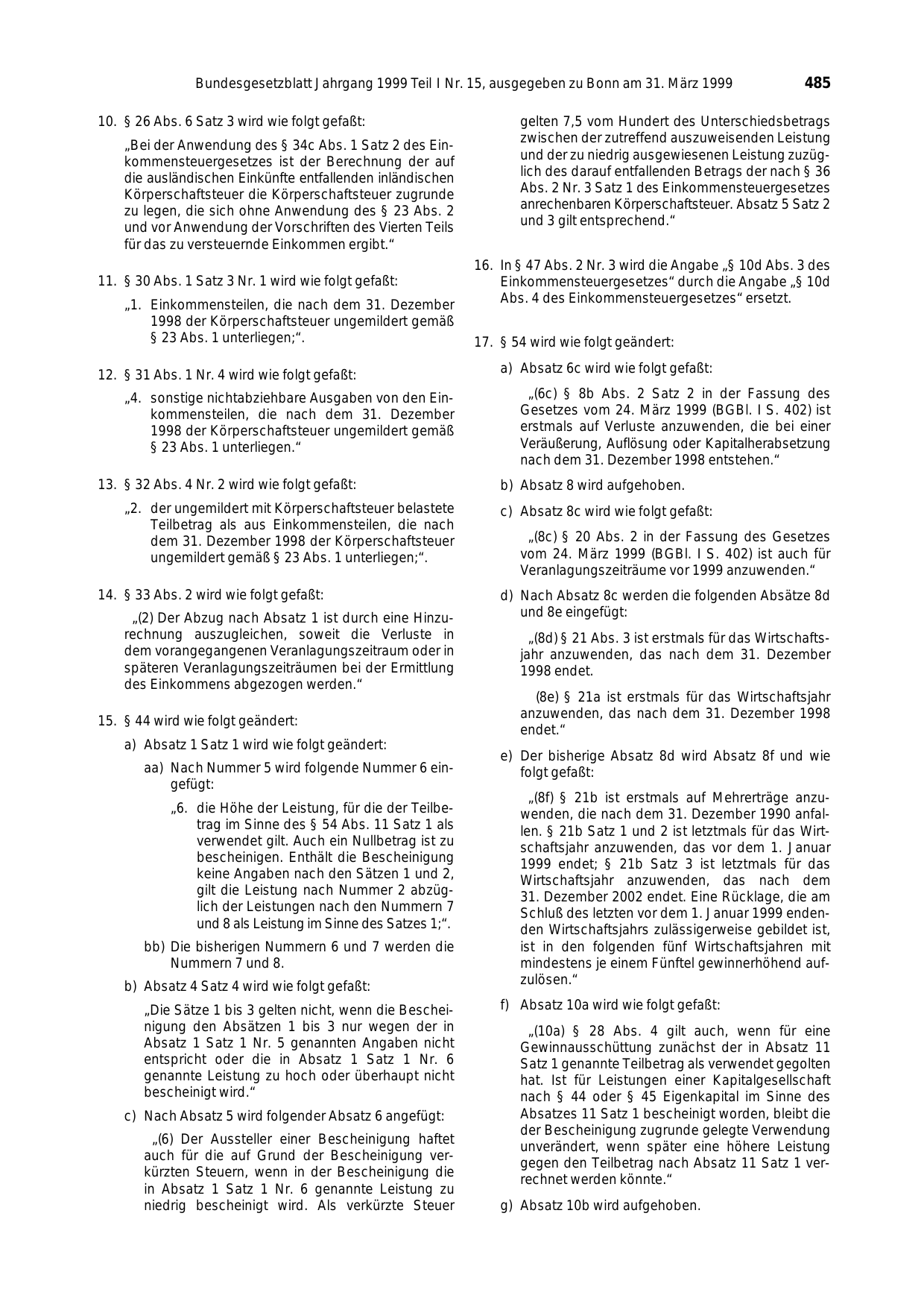 BGBl. 1999, Seite 485 — Originalseite als Abbildung