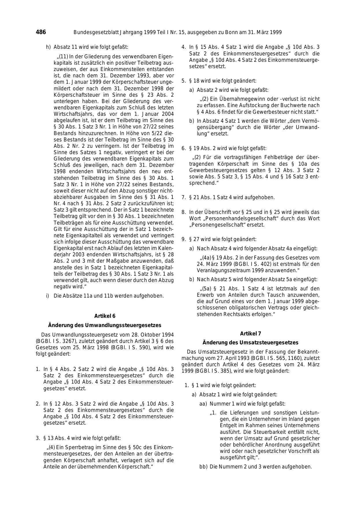 BGBl. 1999, Seite 486 — Originalseite als Abbildung