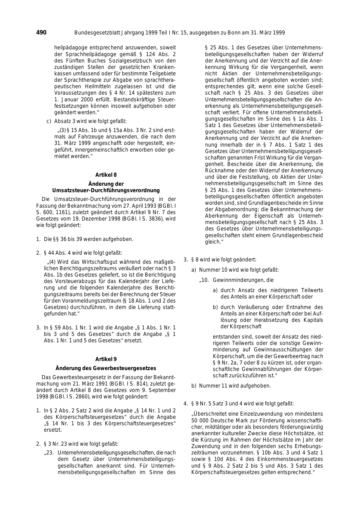 BGBl. 1999, Seite 490 — Originalseite als Abbildung
