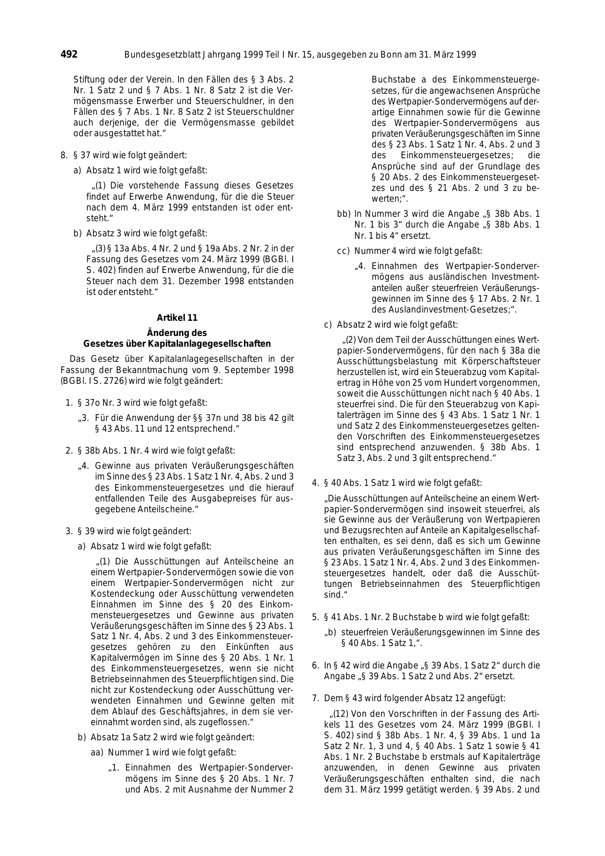 BGBl. 1999, Seite 492 — Originalseite als Abbildung