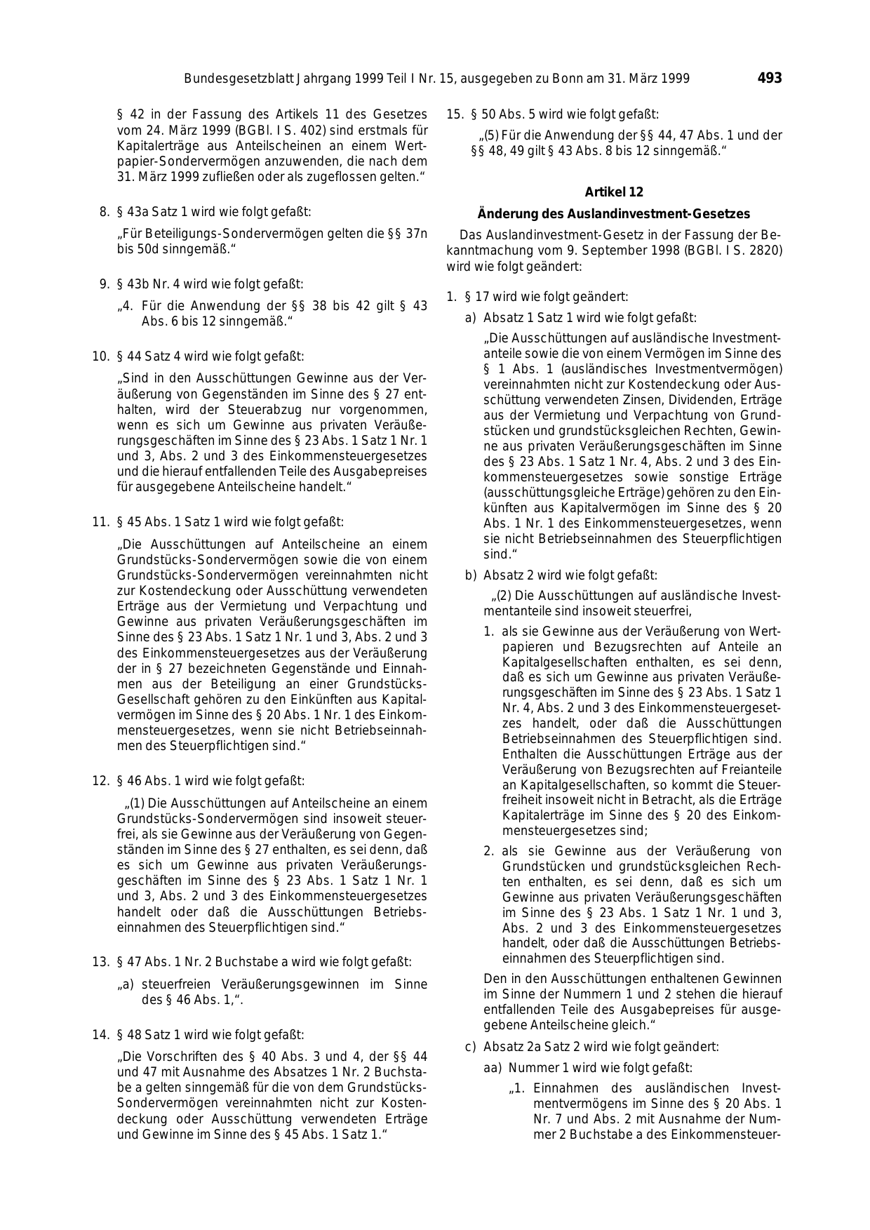 BGBl. 1999, Seite 493 — Originalseite als Abbildung