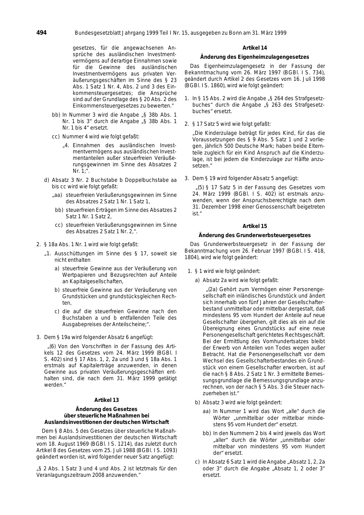 BGBl. 1999, Seite 494 — Originalseite als Abbildung