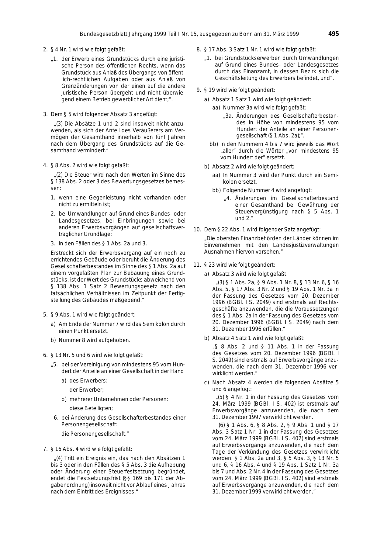 BGBl. 1999, Seite 495 — Originalseite als Abbildung