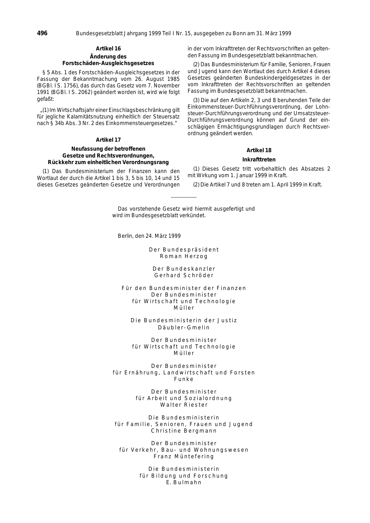 BGBl. 1999, Seite 496 — Originalseite als Abbildung