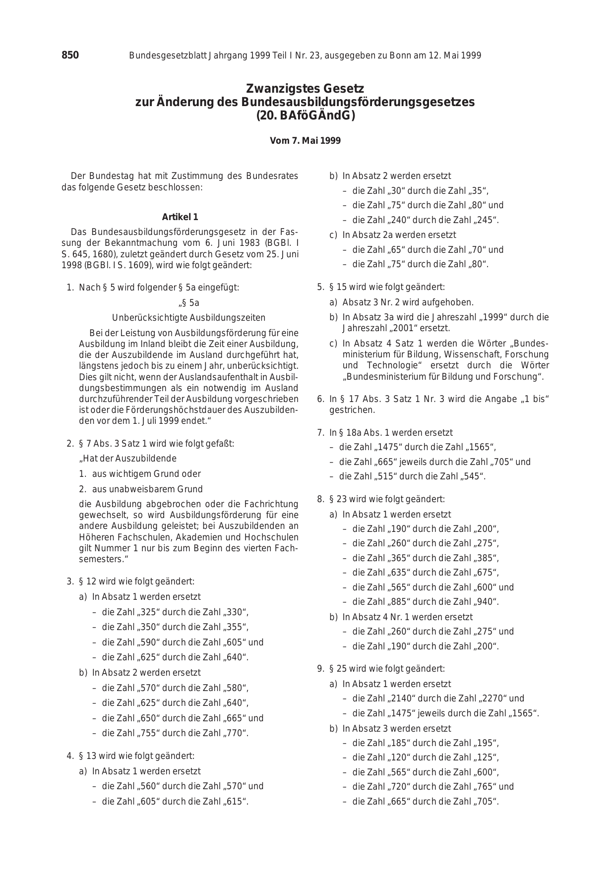 BGBl. 1999, Seite 850 — Originalseite als Abbildung