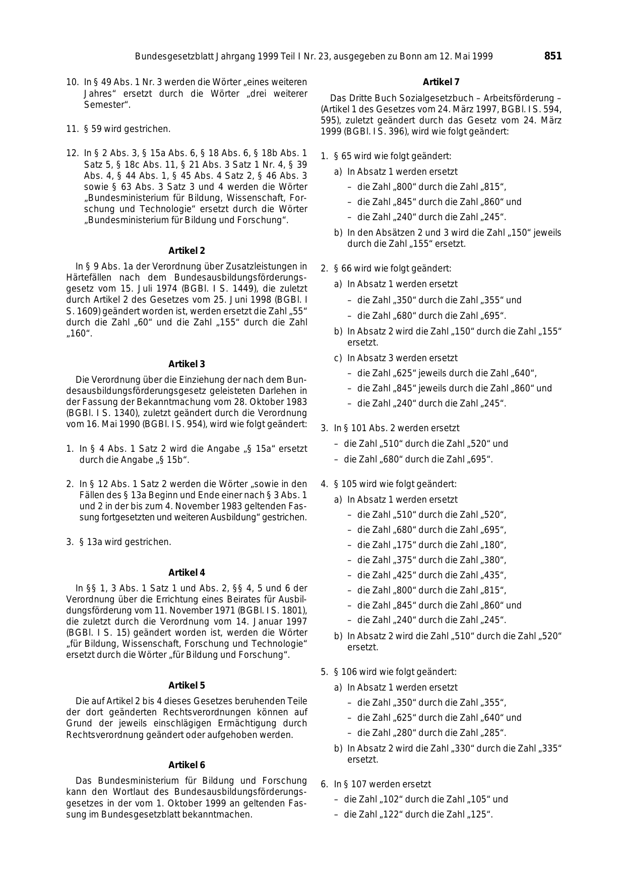 BGBl. 1999, Seite 851 — Originalseite als Abbildung