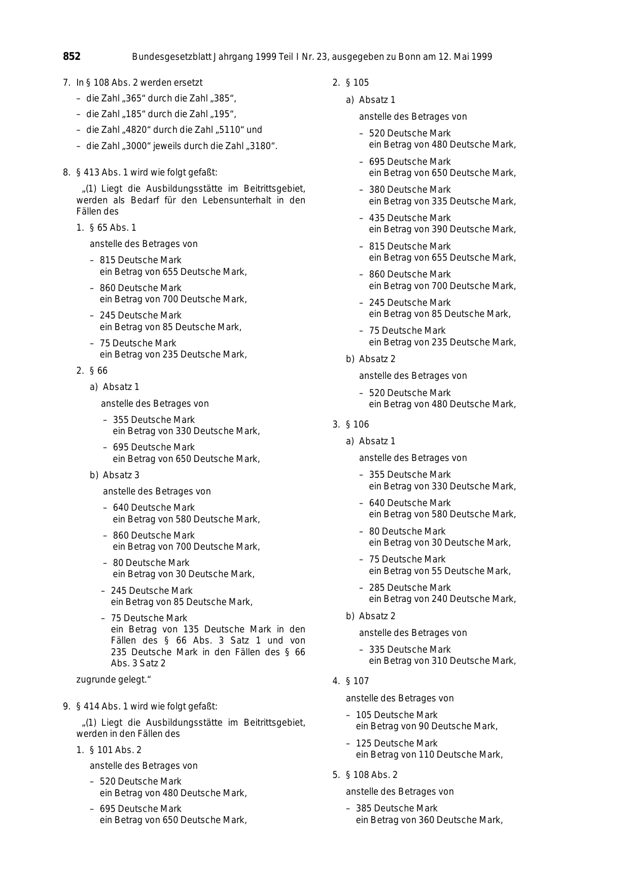 BGBl. 1999, Seite 852 — Originalseite als Abbildung