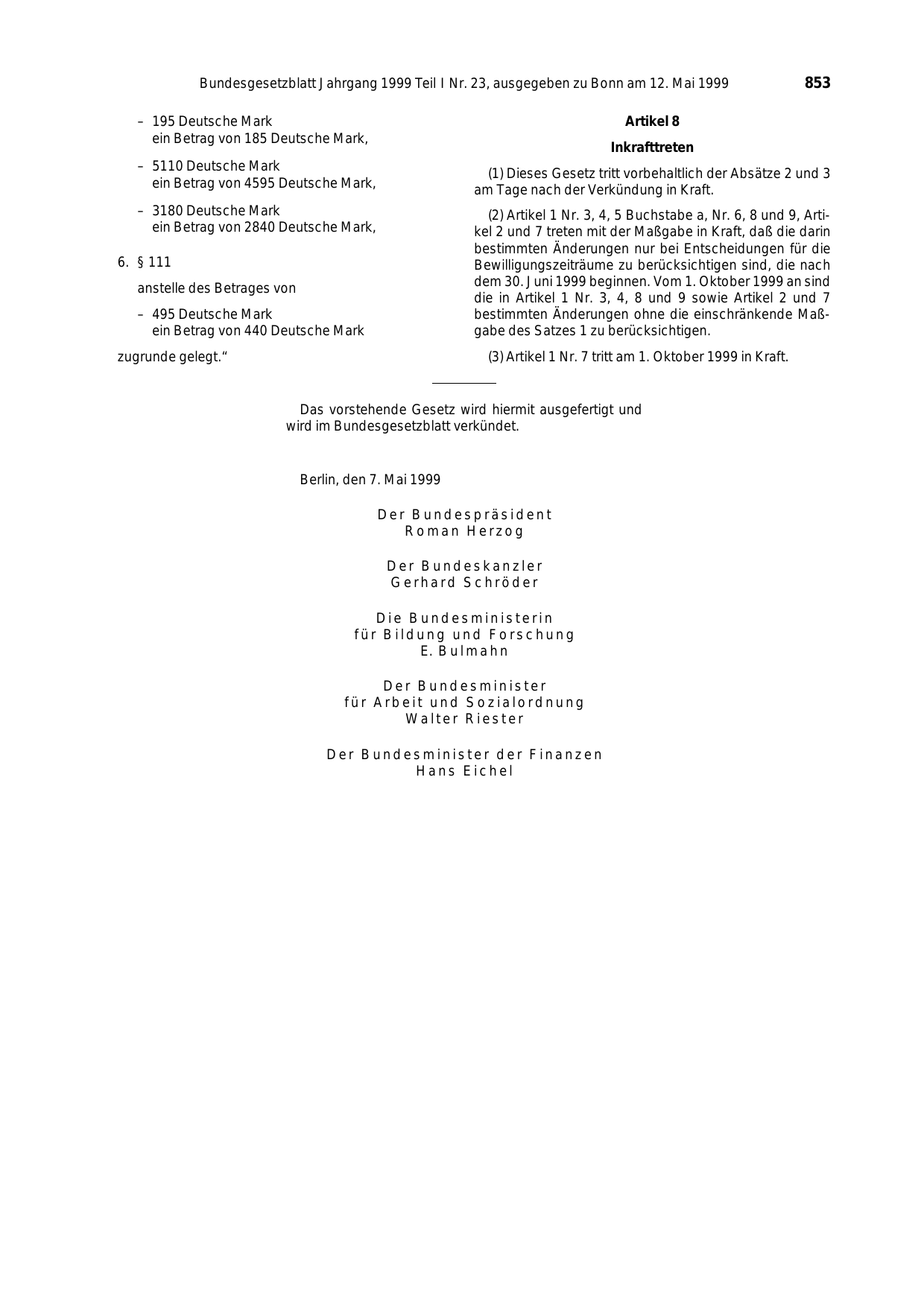 BGBl. 1999, Seite 853 — Originalseite als Abbildung