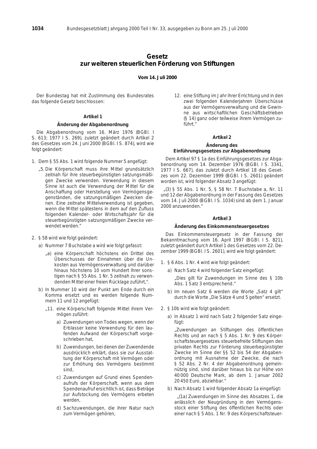 BGBl. 2000, Seite 1034 — Originalseite als Abbildung