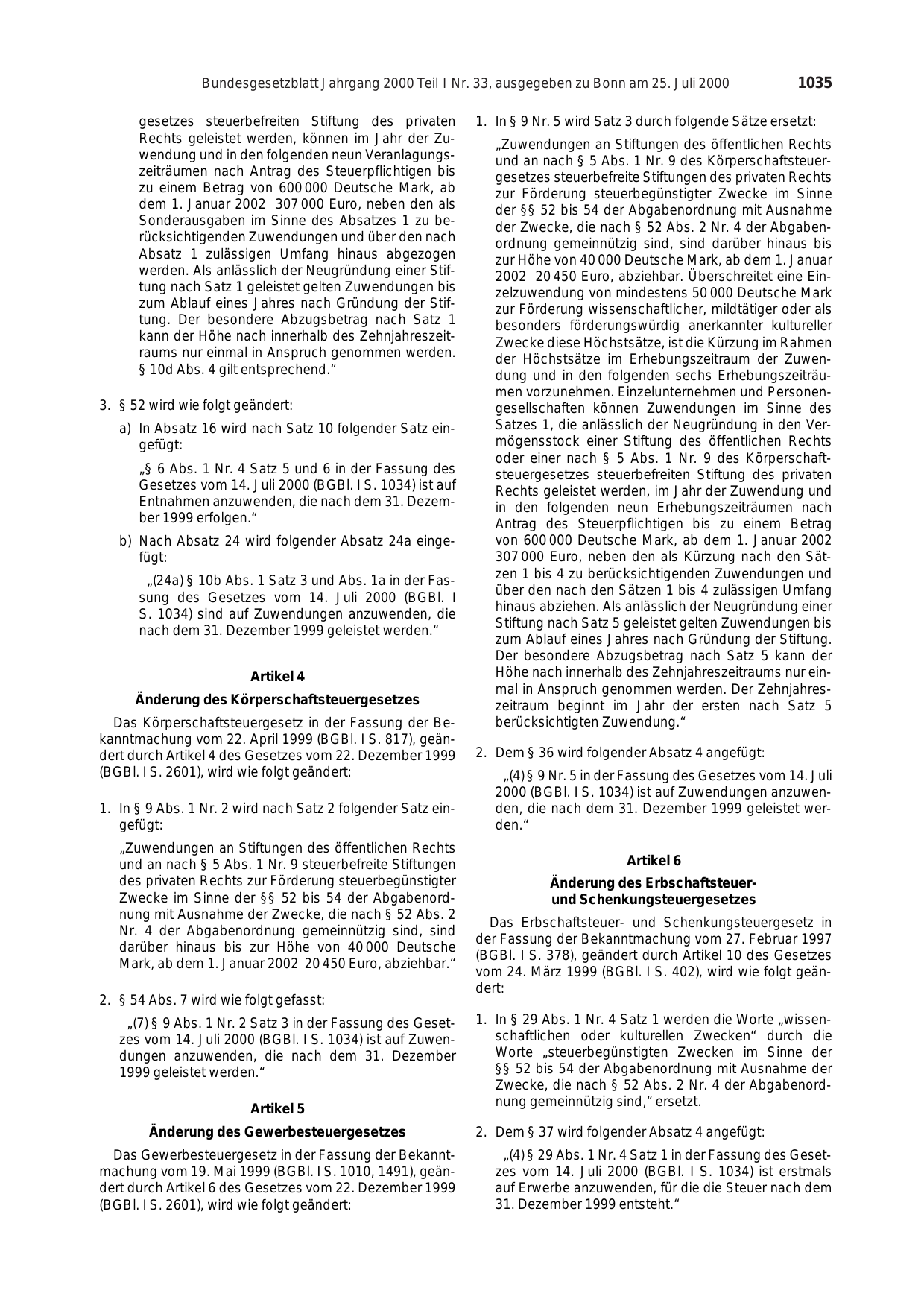 BGBl. 2000, Seite 1035 — Originalseite als Abbildung